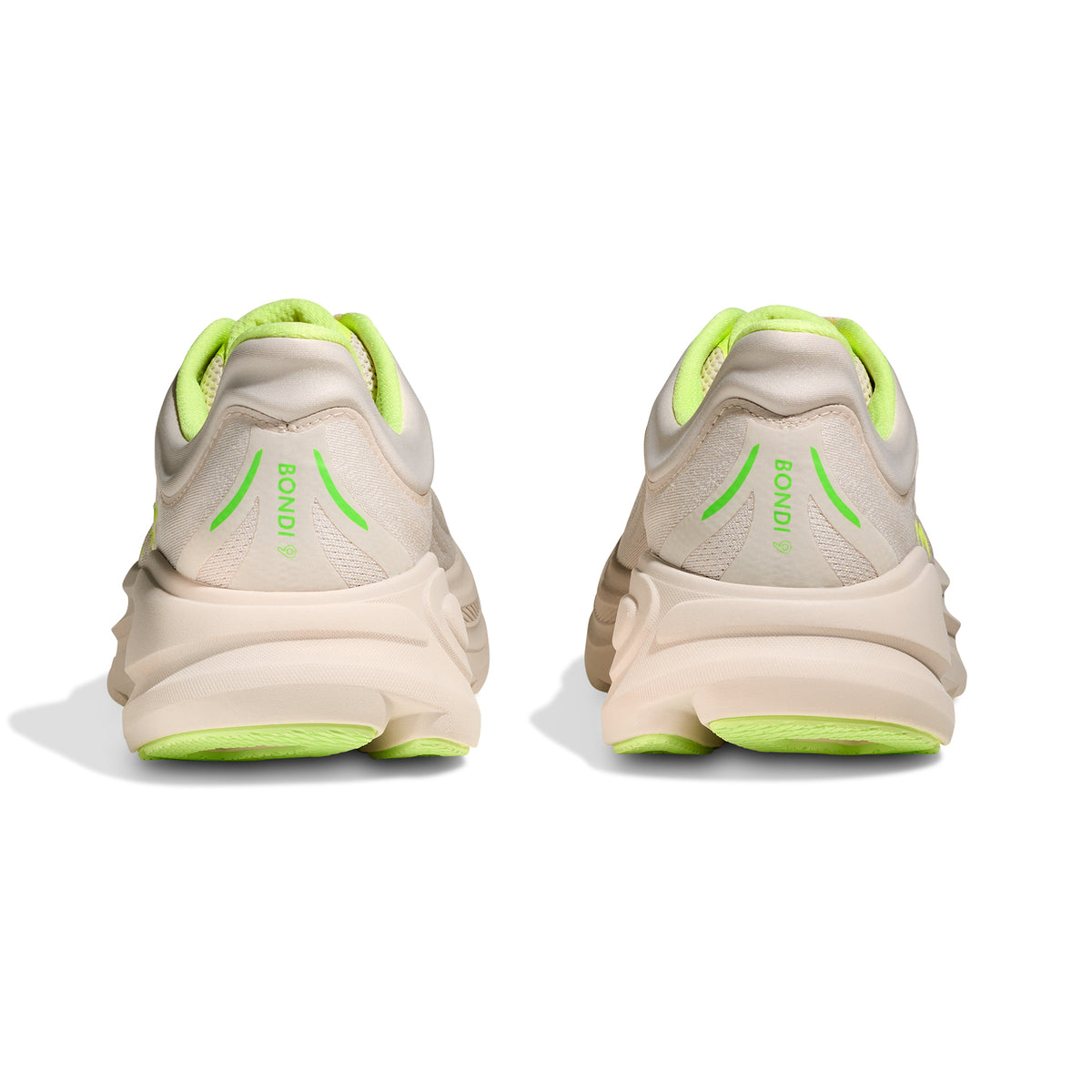 HOKA Bondi 9 men's running shoe in Grout / Neon Yuzu — heel view showing 3D moulded collar, extended heel pull tab and neon yuzu yellow midsole contrast
