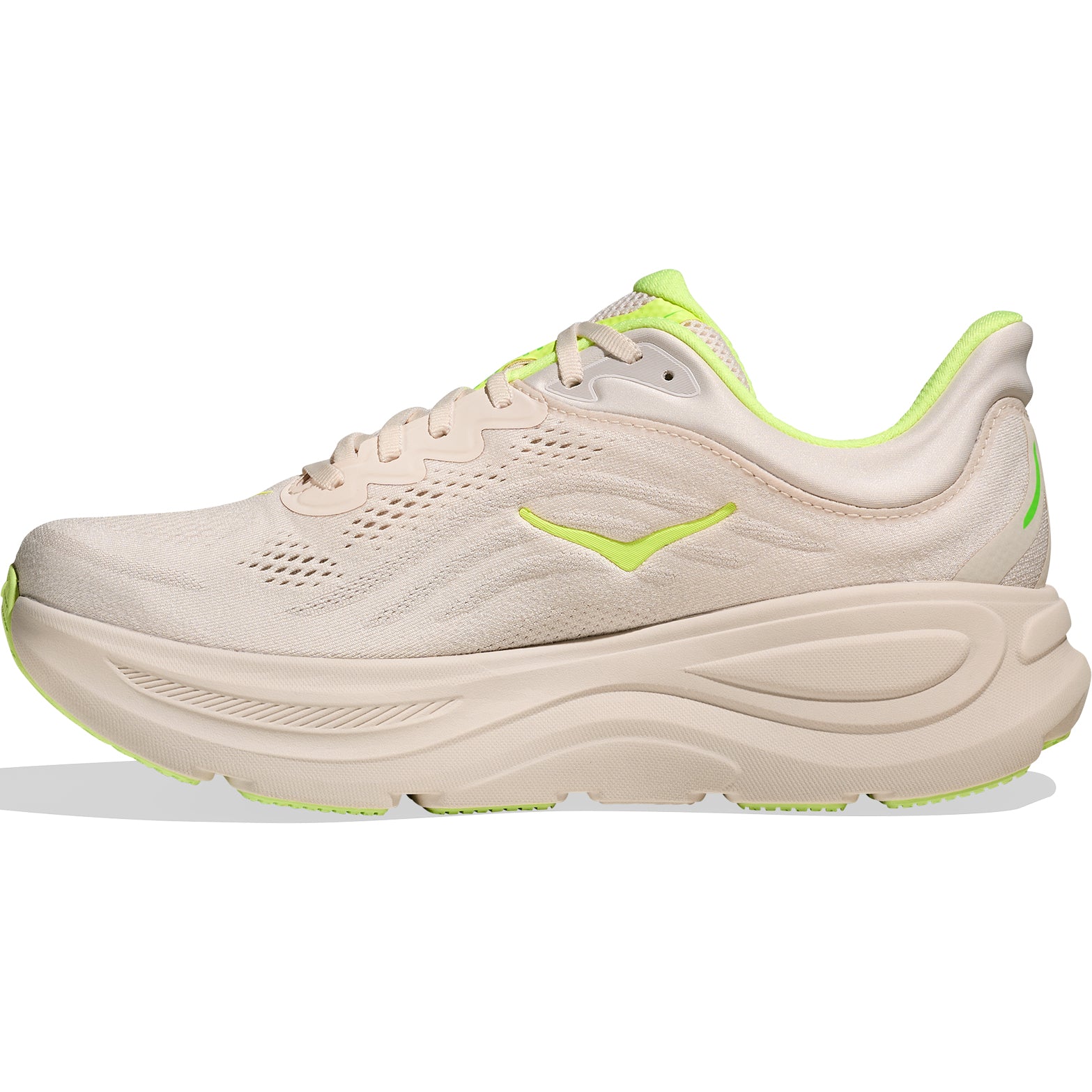 HOKA Bondi 9 men's running shoe in Grout / Neon Yuzu — inner view showing 3D moulded collar, Active Foot Frame heel construction and super critical EVA foam midsole