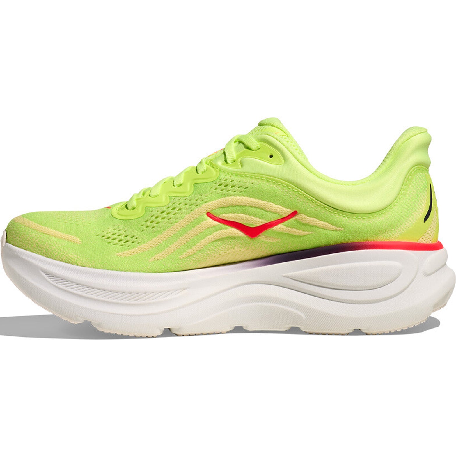 Men's HOKA Bondi 9 Running Shoes Neon Yuzu Sunlight inner side view showing maximum cushioning and Active Foot Frame stability