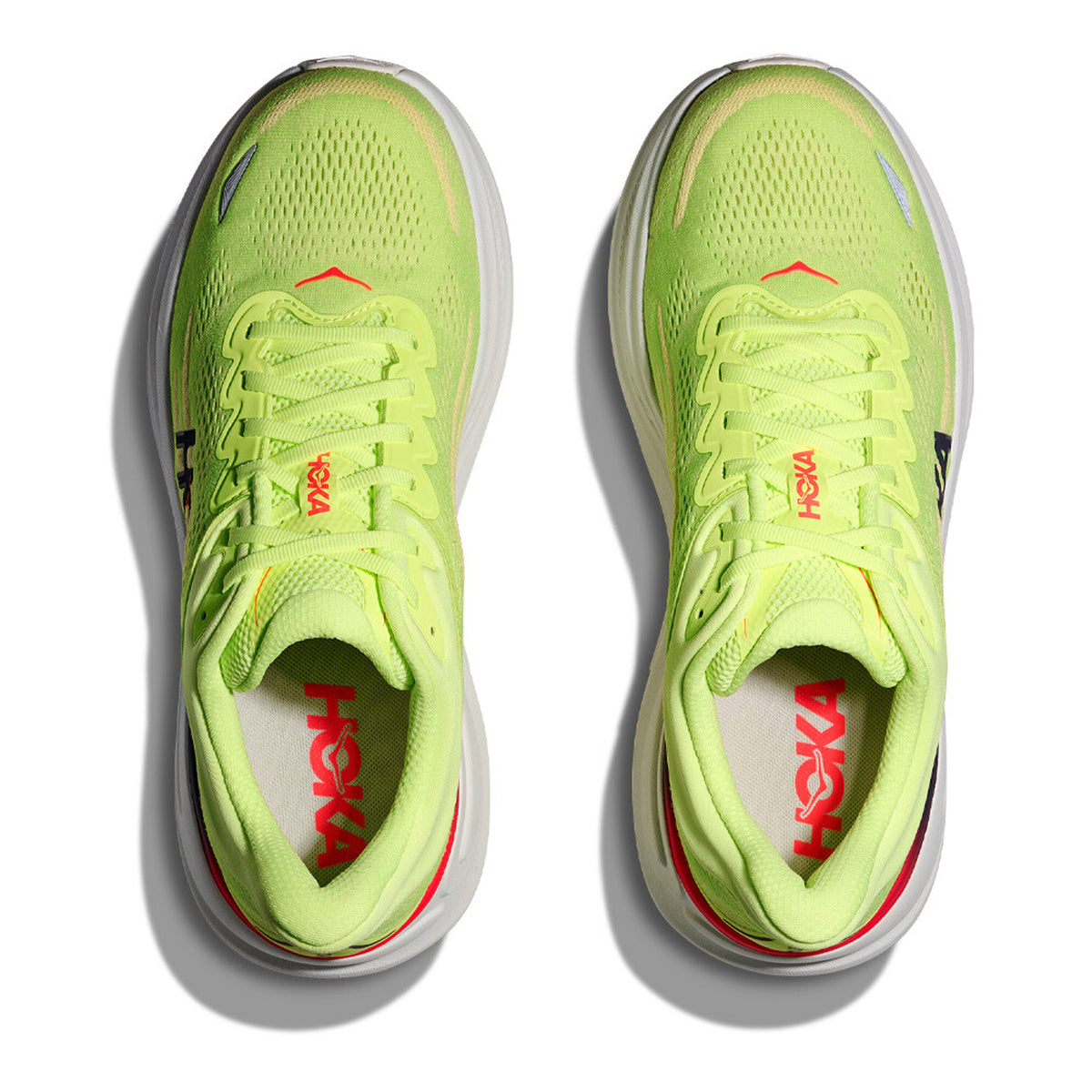 Men's HOKA Bondi 9 Running Shoes Neon Yuzu Sunlight top view showing engineered mesh upper with 55% recycled polyester and retooled 3D moulded collar