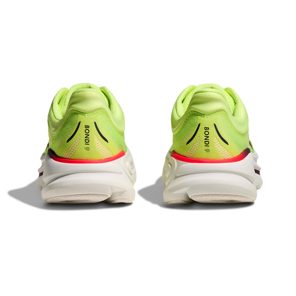Men's HOKA Bondi 9 Running Shoes Neon Yuzu Sunlight heel view showing increased stack height, retooled 3D moulded collar and extended heel pull