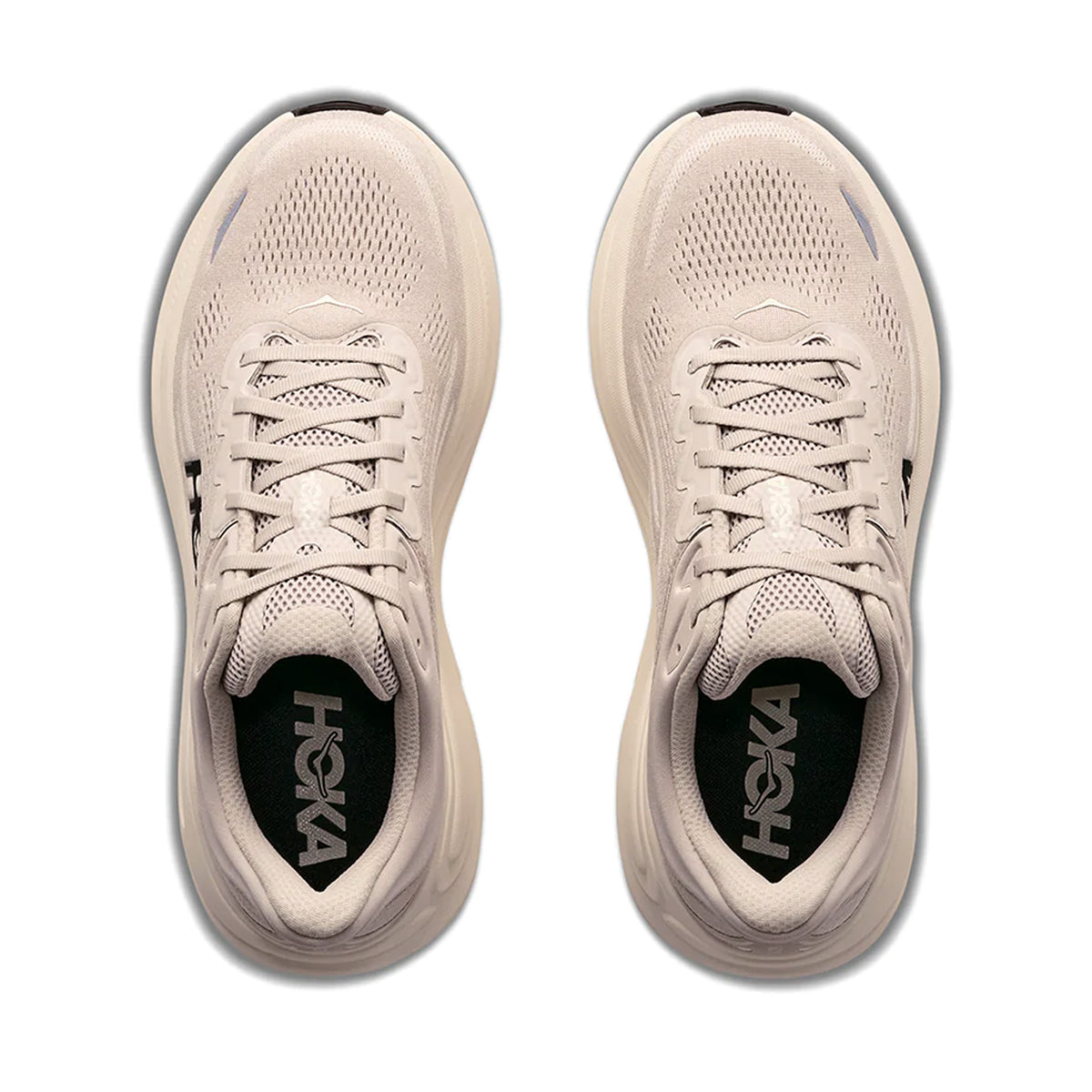 Men's HOKA Bondi 9 Running Shoes River Rock Grey Alabaster top view showing engineered mesh upper with 55% recycled polyester and reflective details for accommodating fit during daily running