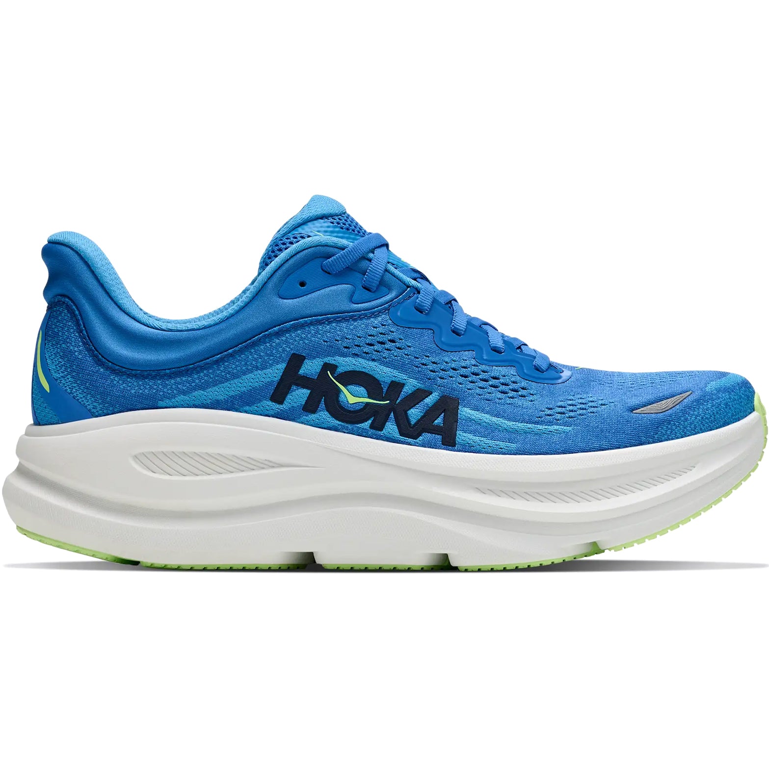 Men's HOKA Bondi 9 Wide Fit Running Shoes Virtual Blue Soft Cobalt outer side view showing super critically foamed EVA midsole with increased stack height and smooth MetaRocker geometry for maximum cushioned daily running