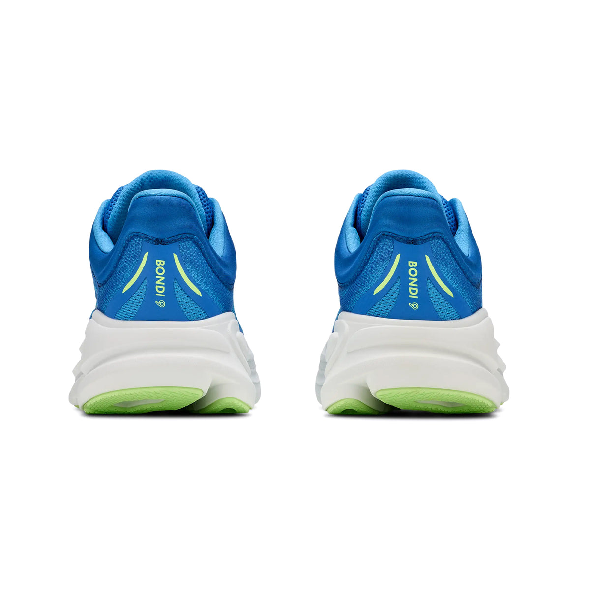 Men's HOKA Bondi 9 Wide Fit Running Shoes Virtual Blue Soft Cobalt heel view showing increased stack height with redesigned 3D moulded collar and extended heel pull for secure comfortable wide fit