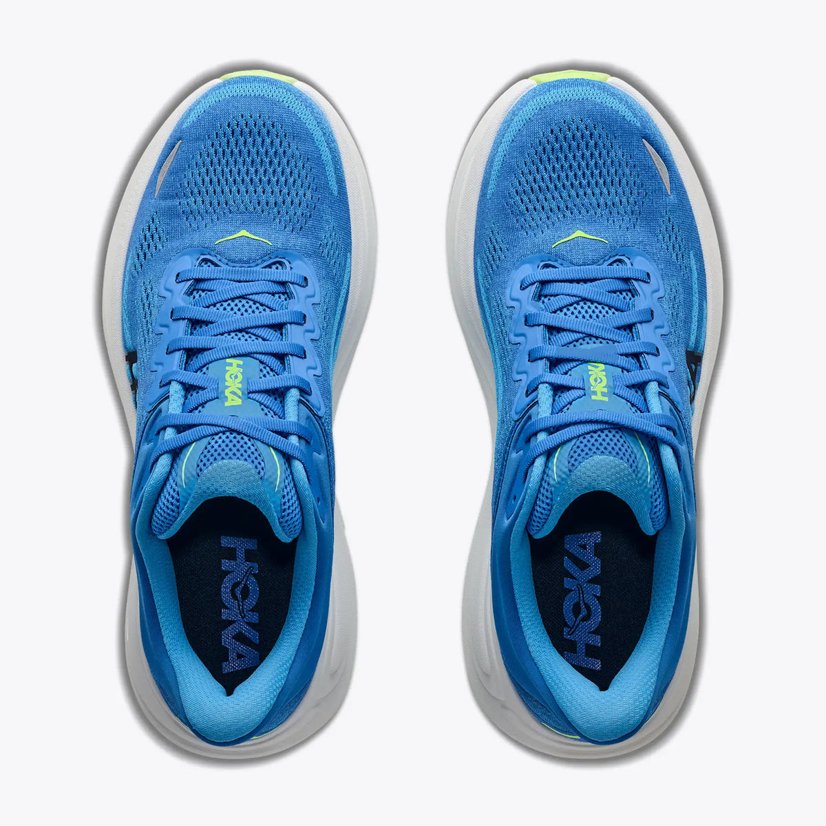 Men's HOKA Bondi 9 Wide Fit Running Shoes Virtual Blue Soft Cobalt top view showing engineered mesh upper with wide fit design and 55% recycled polyester for accommodating breathable daily running
