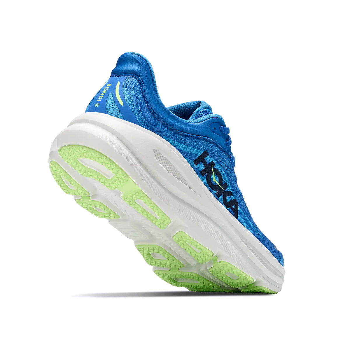 Men's HOKA Bondi 9 Wide Fit Running Shoes Virtual Blue Soft Cobalt angled side and heel view showing super critically foamed EVA with increased stack height, MetaRocker geometry and wide fit construction for maximum cushioned road running