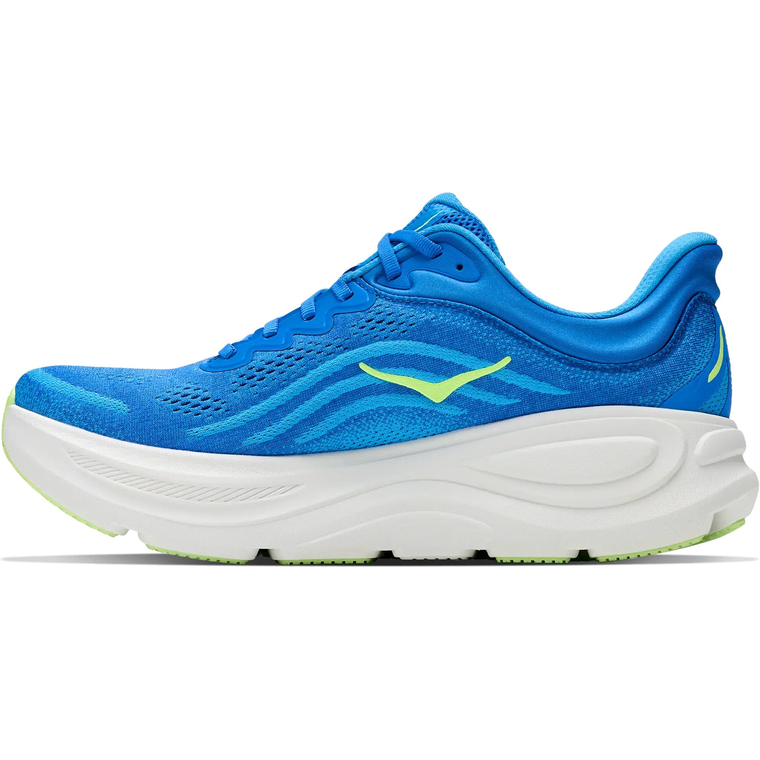 Men's HOKA Bondi 9 Wide Fit Running Shoes Virtual Blue Soft Cobalt inner side view showing Active Foot Frame rearfoot stability with super critical EVA foam and wide fit construction for plush comfortable running
