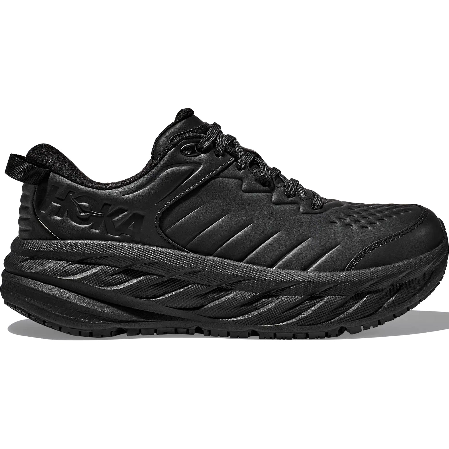 Men's HOKA Bondi SR Running Shoes Black Black outer side view showing super critical foam midsole with slip-resistant construction and water-resistant upper
