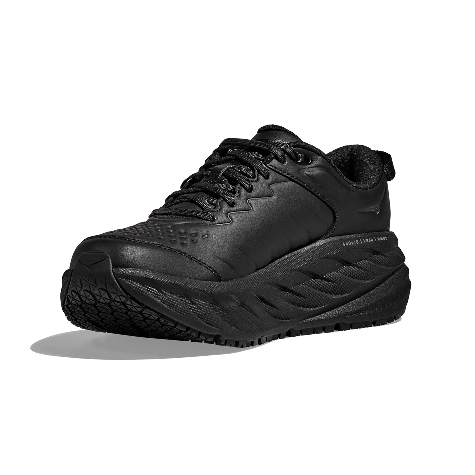 Men's HOKA Bondi SR Running Shoes Black Black inner angled view showing maximum cushioning with slip-resistant workplace shoe construction