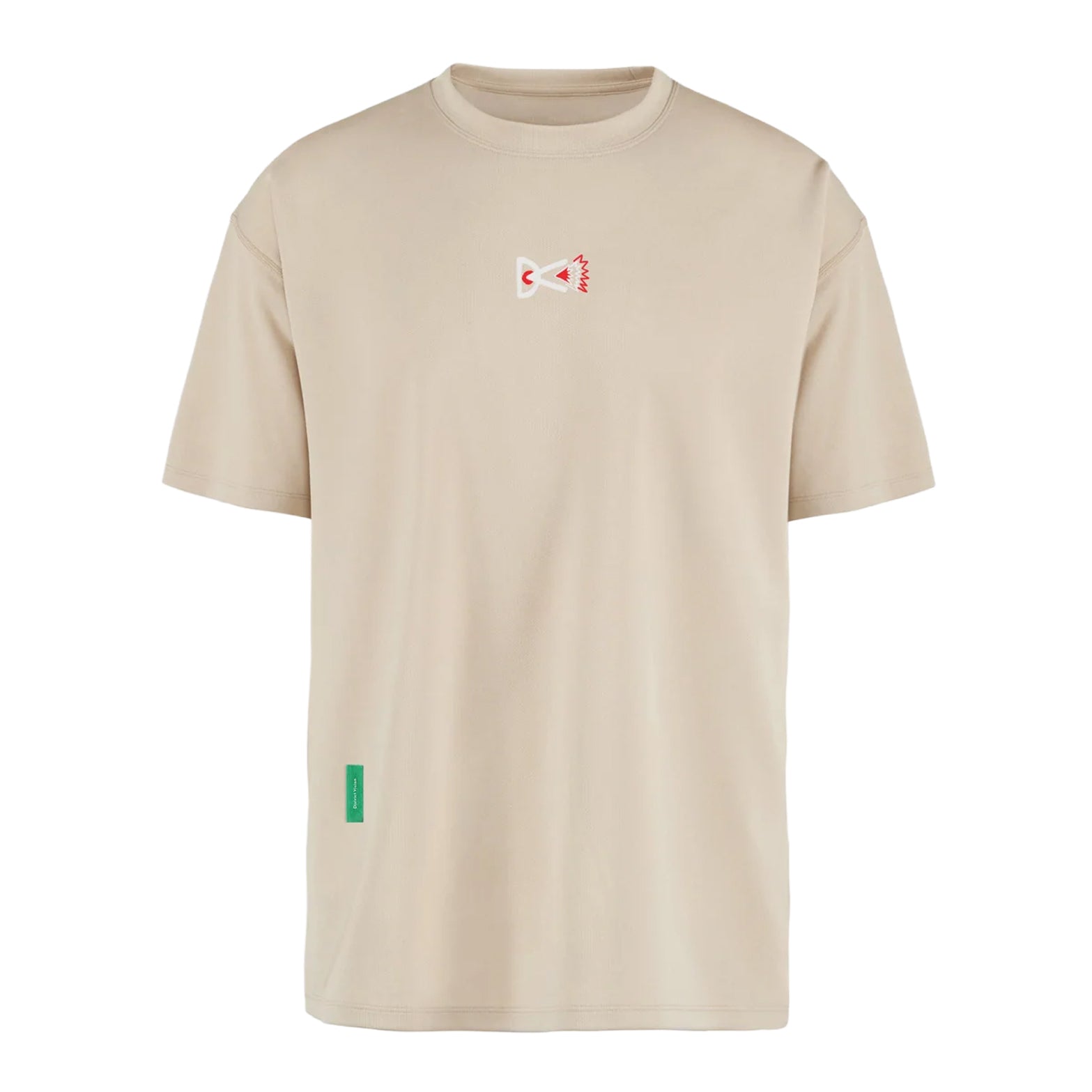 District Vision Short Sleeve Boxy Training Tee Beige front product view showing 139g breathable stretch fabric with relaxed boxy fit for athletic pursuits