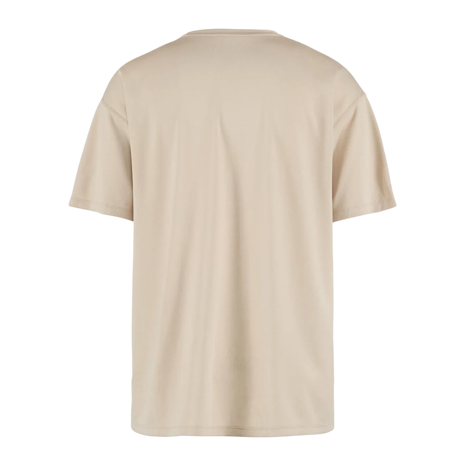 District Vision Short Sleeve Boxy Training Tee Beige back view showing durable overlock construction with moisture and odour management properties