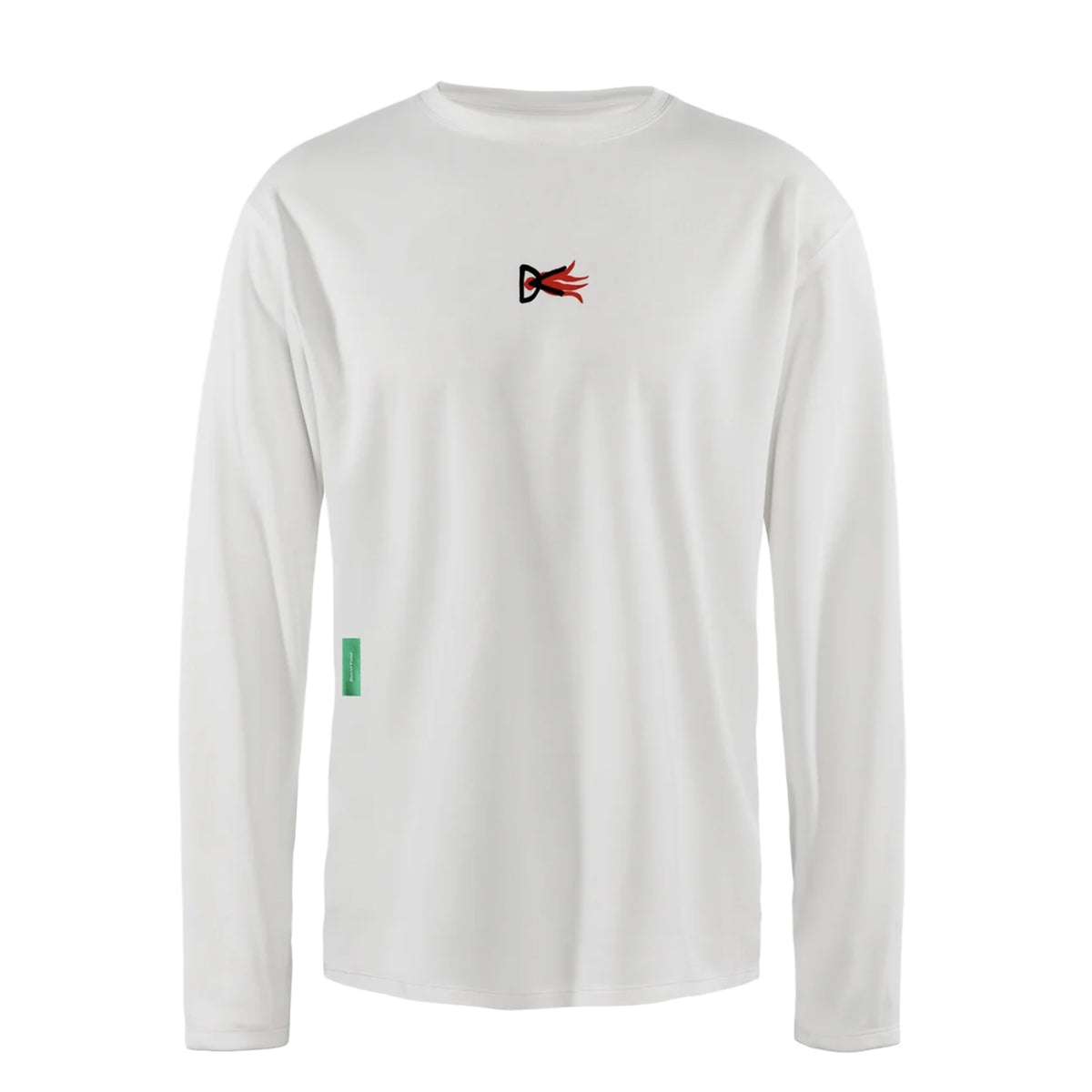 District Vision Men’s Boxy Training Top Lunar White Flame, a white long-sleeve crewneck athletic training top with a small red flame graphic on the chest and a small green tag on the lower side.