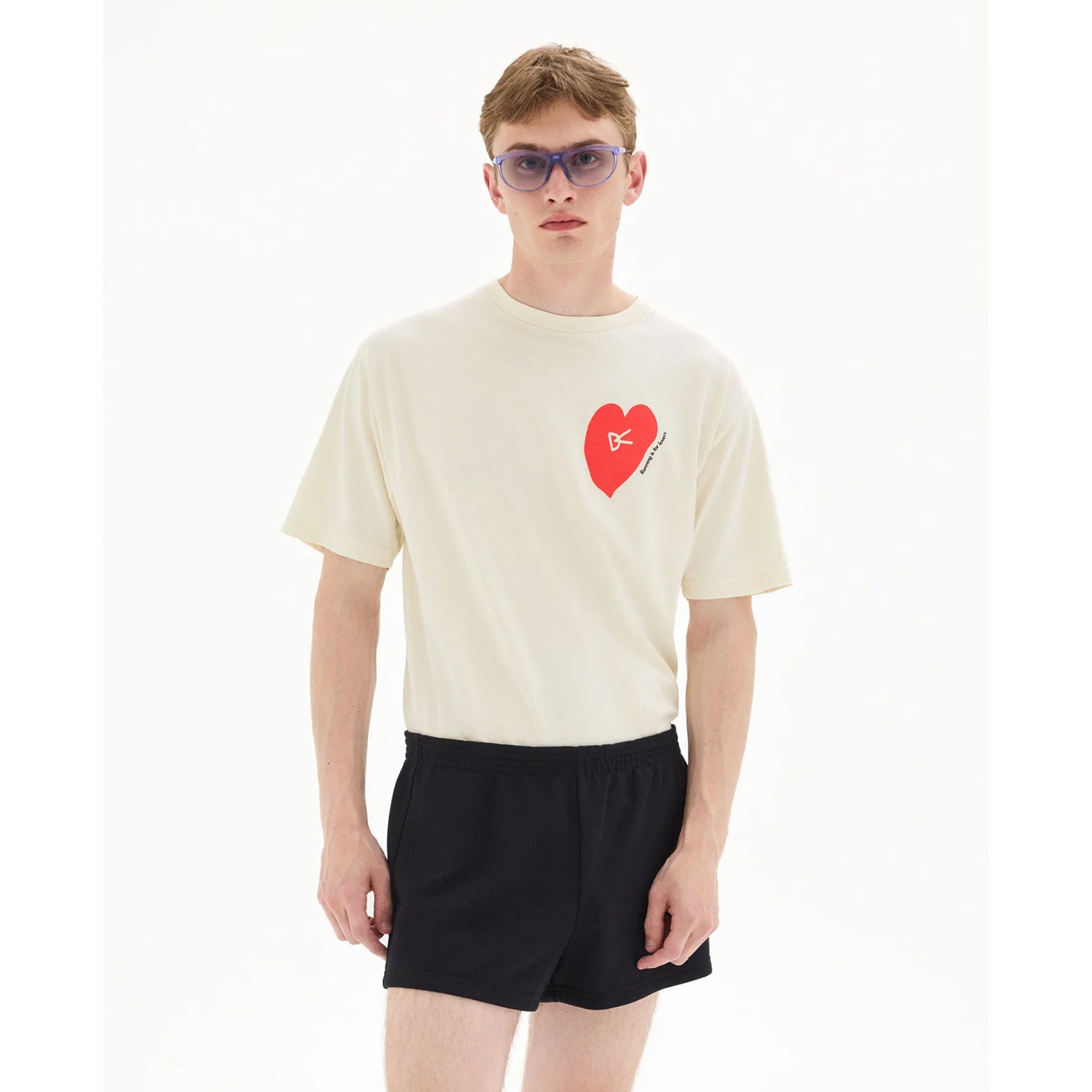 District Vision California Cotton Tee men's in Run in Love Vintage White — front view worn on model showing relaxed fit, Run in Love graphic print and vintage white pigment dye stone wash cotton drape