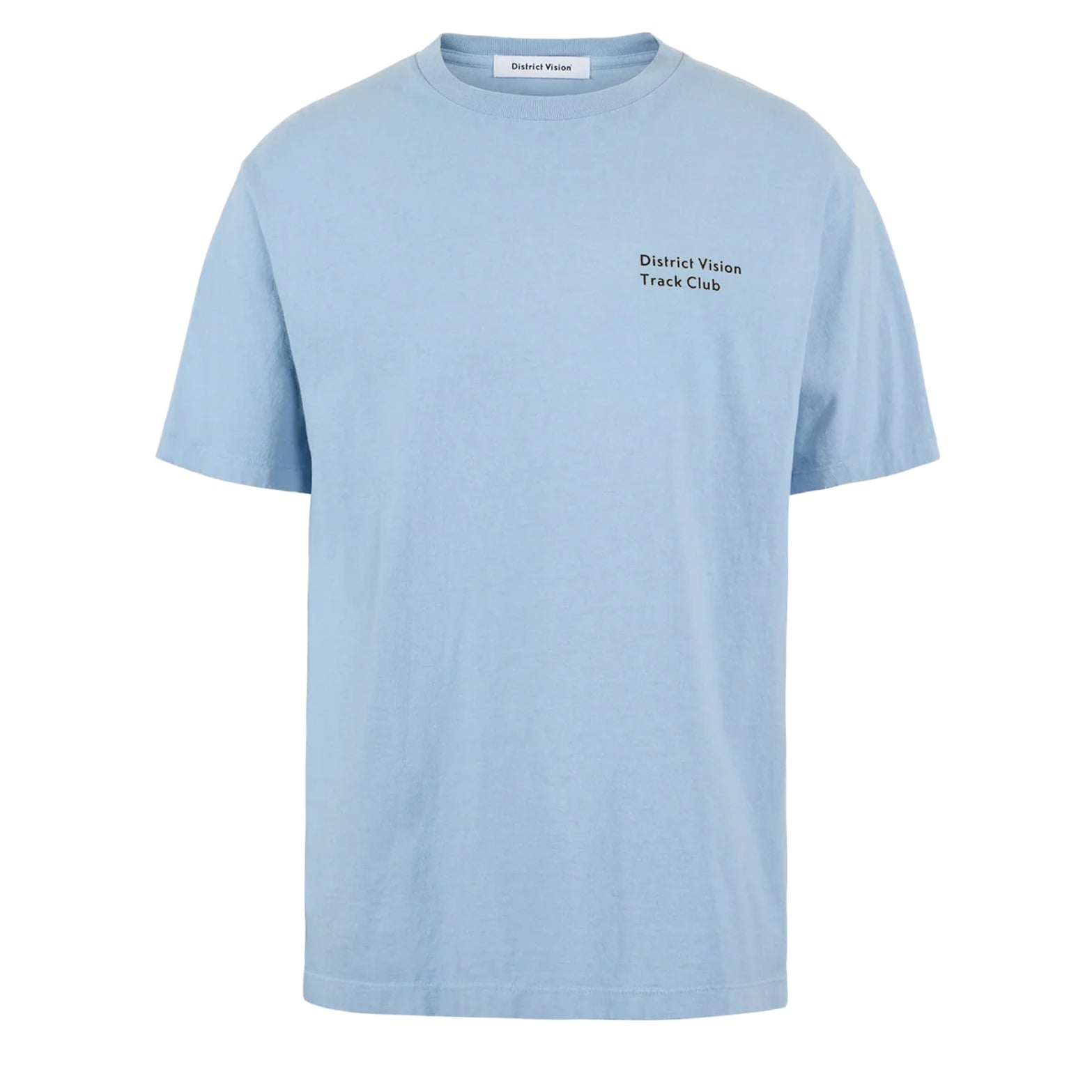District Vision California Cotton Tee men's in Track Club Light Blue — front product shot showing relaxed fit silhouette, Track Club graphic print and light blue pigment dye stone wash cotton construction