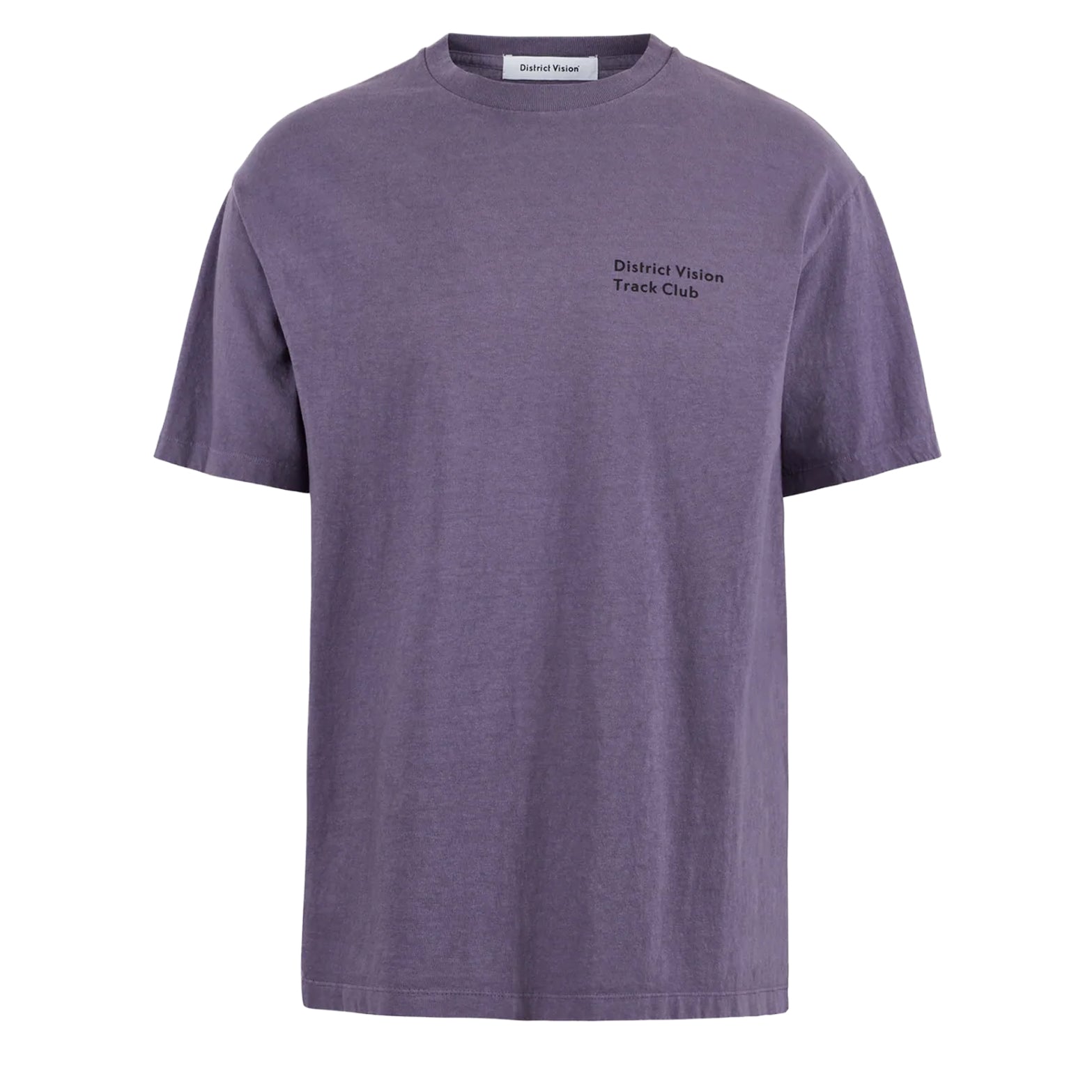 District Vision California Cotton Tee men's in Track Club Vintage Plum — front product shot showing relaxed fit silhouette, Track Club graphic print and vintage plum pigment dye stone wash cotton construction