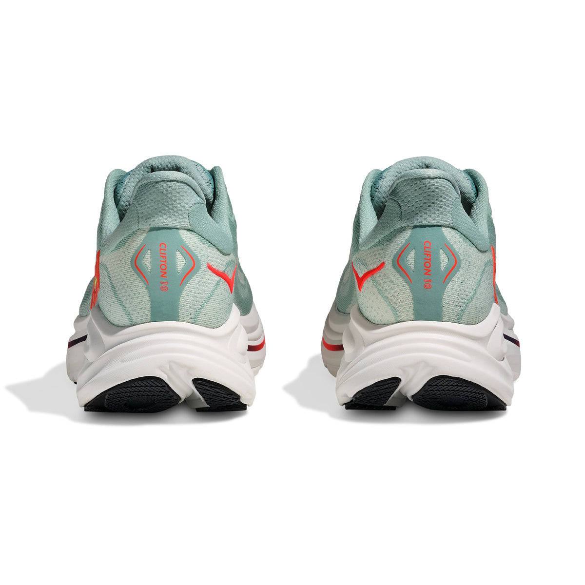 HOKA Clifton 10 men's running shoe in Sage / Neon Flame — heel view showing Active Foot Frame construction, padded collar and neon flame orange midsole contrast