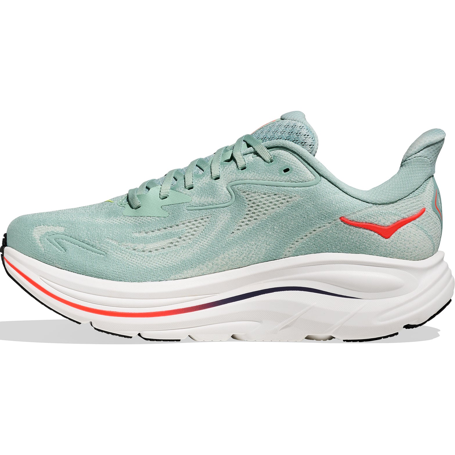 HOKA Clifton 10 men's running shoe in Sage / Neon Flame — inner view showing Active Foot Frame heel construction, CMEVA midsole and reflective upper detailing