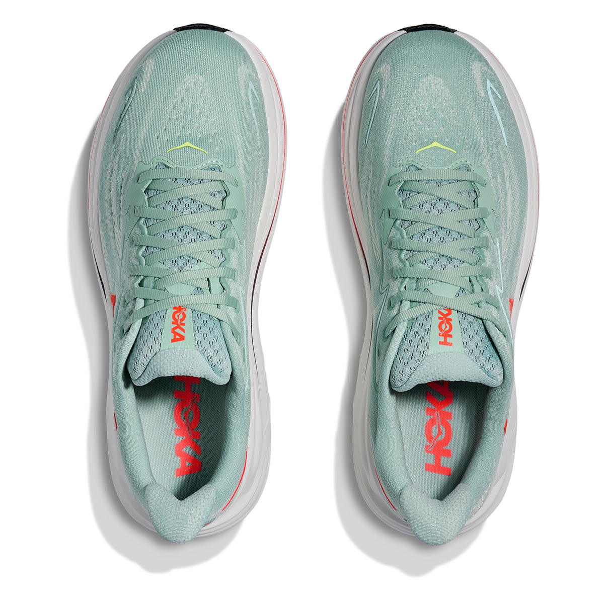 HOKA Clifton 10 men's running shoe in Sage / Neon Flame — top-down view showing sage green jacquard knit upper texture and double-lock lacing system