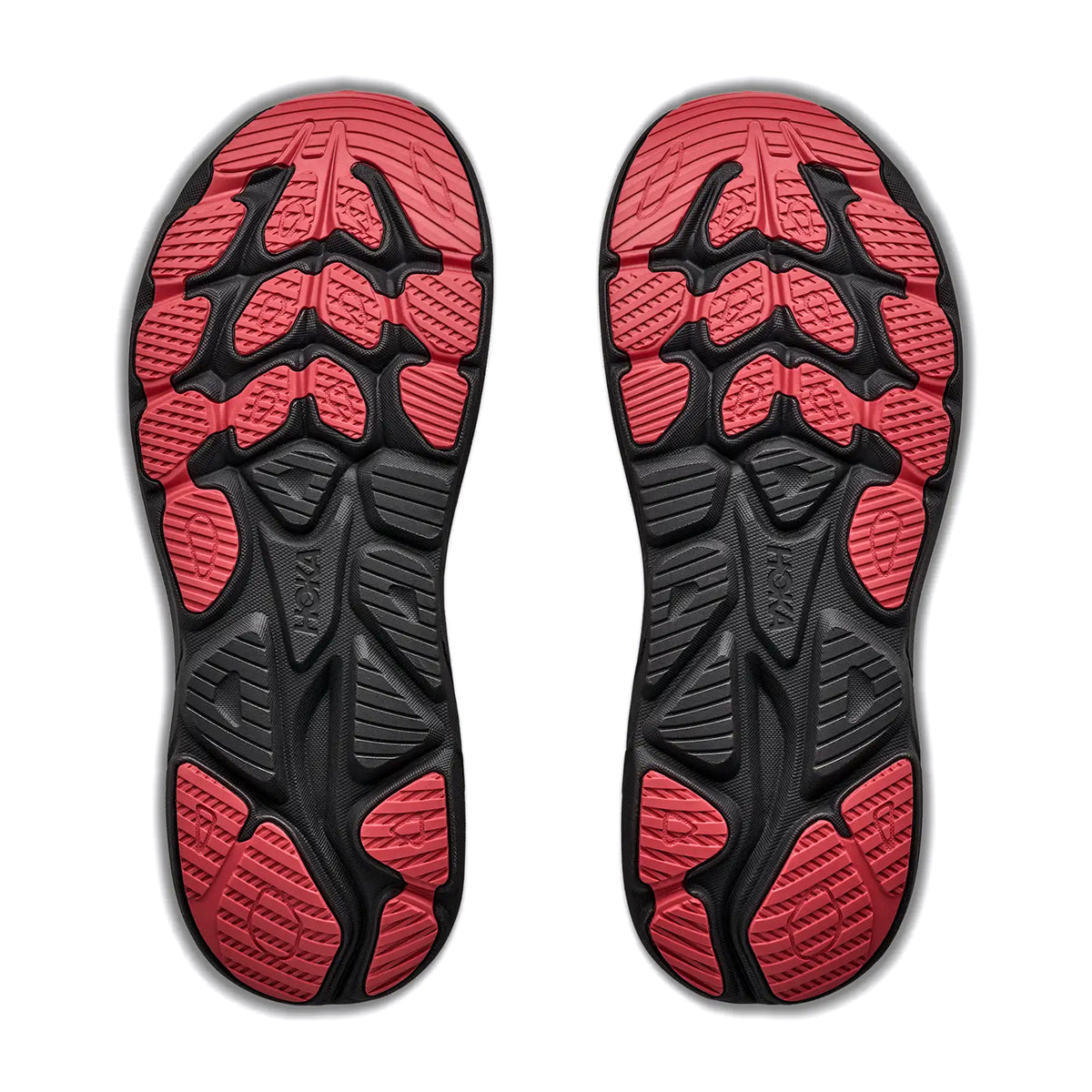 Two shoe soles with a black and red pattern, featuring textured grip sections and ultra-smooth cushioning. The soles, designed for the Hoka Men’s Clifton 11 GORE-TEX Running Shoes in River Rock Grey / Carbon Black, are placed side by side on a white background.