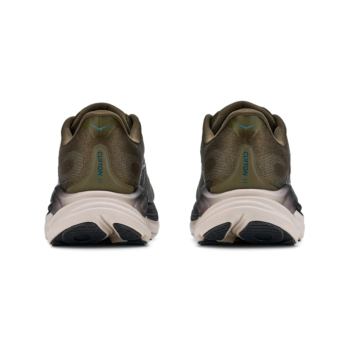 A pair of Hoka Men’s Clifton 11 Running Shoes in Antique Olive / River Rock Grey are shown from the back, featuring white soles with compression-moulded EVA foam and “Clifton 11” text in blue on the heels.