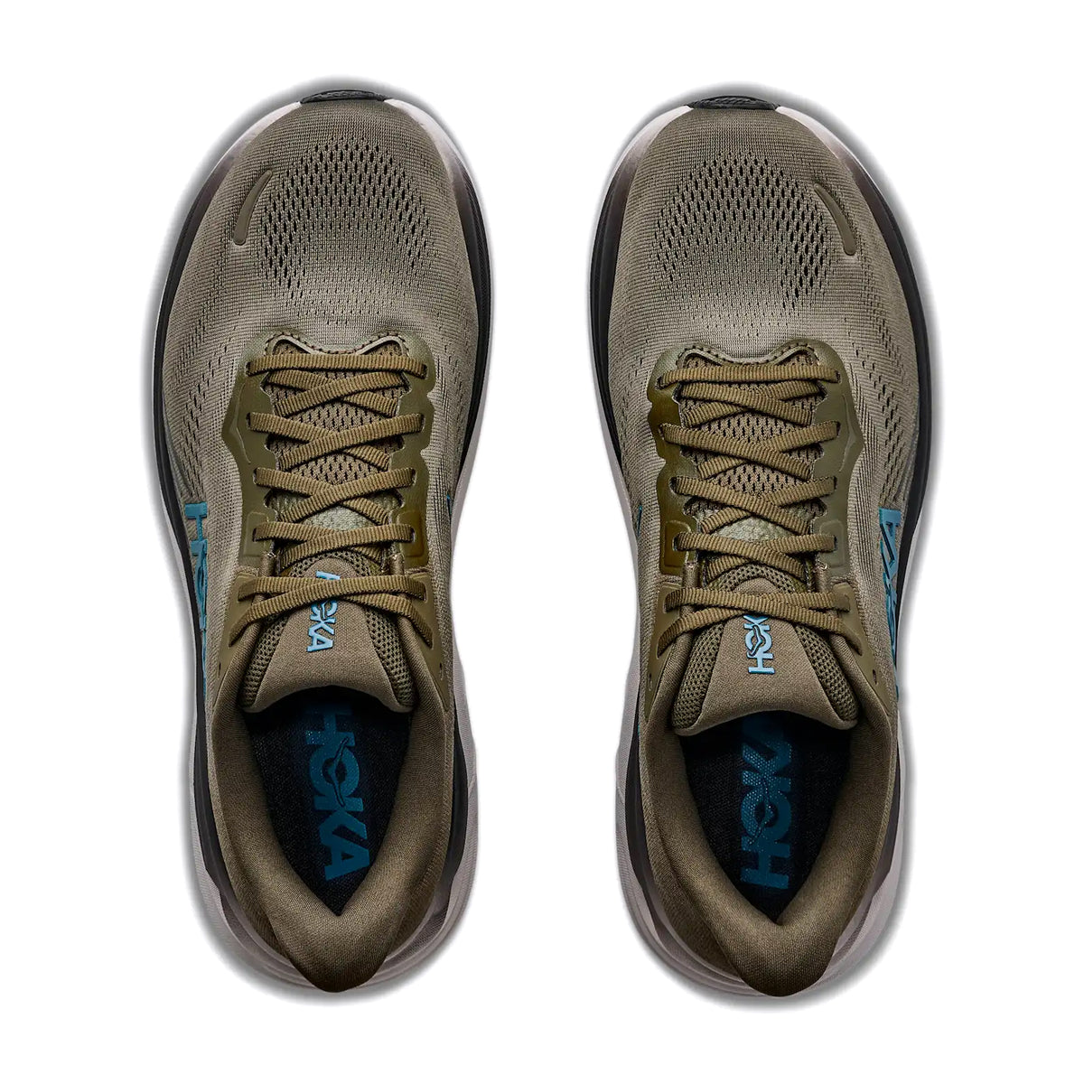 Top view of a pair of Men’s Clifton 11 Running Shoes from Hoka in Antique Olive / River Rock Grey, featuring mesh uppers, brown laces, and black insoles with blue Hoka branding. Crafted with compression-moulded EVA foam for enhanced cushioning and support, these shoes are displayed side by side on a white background.