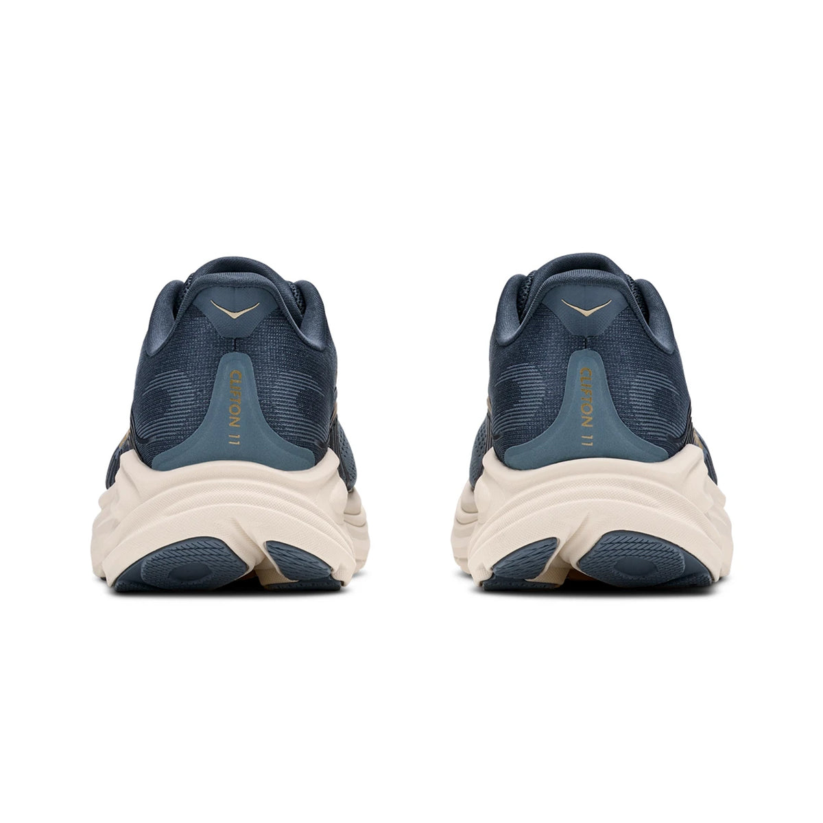 Back view of two Men’s Clifton 11 Running Shoes Faded Navy with thick, cream-colored midsoles and the text CLIFTON 11 printed on the heel.
