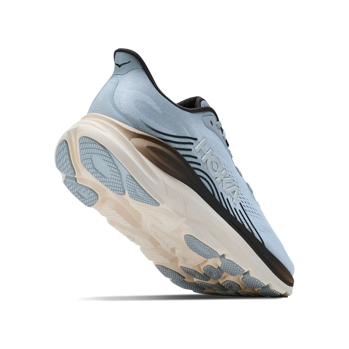 Men's HOKA Clifton 11 Running Shoes Stardust Alabaster angled side and heel view showing compression moulded EVA foam with MetaRocker geometry and durable outsole for effortless plush daily road running