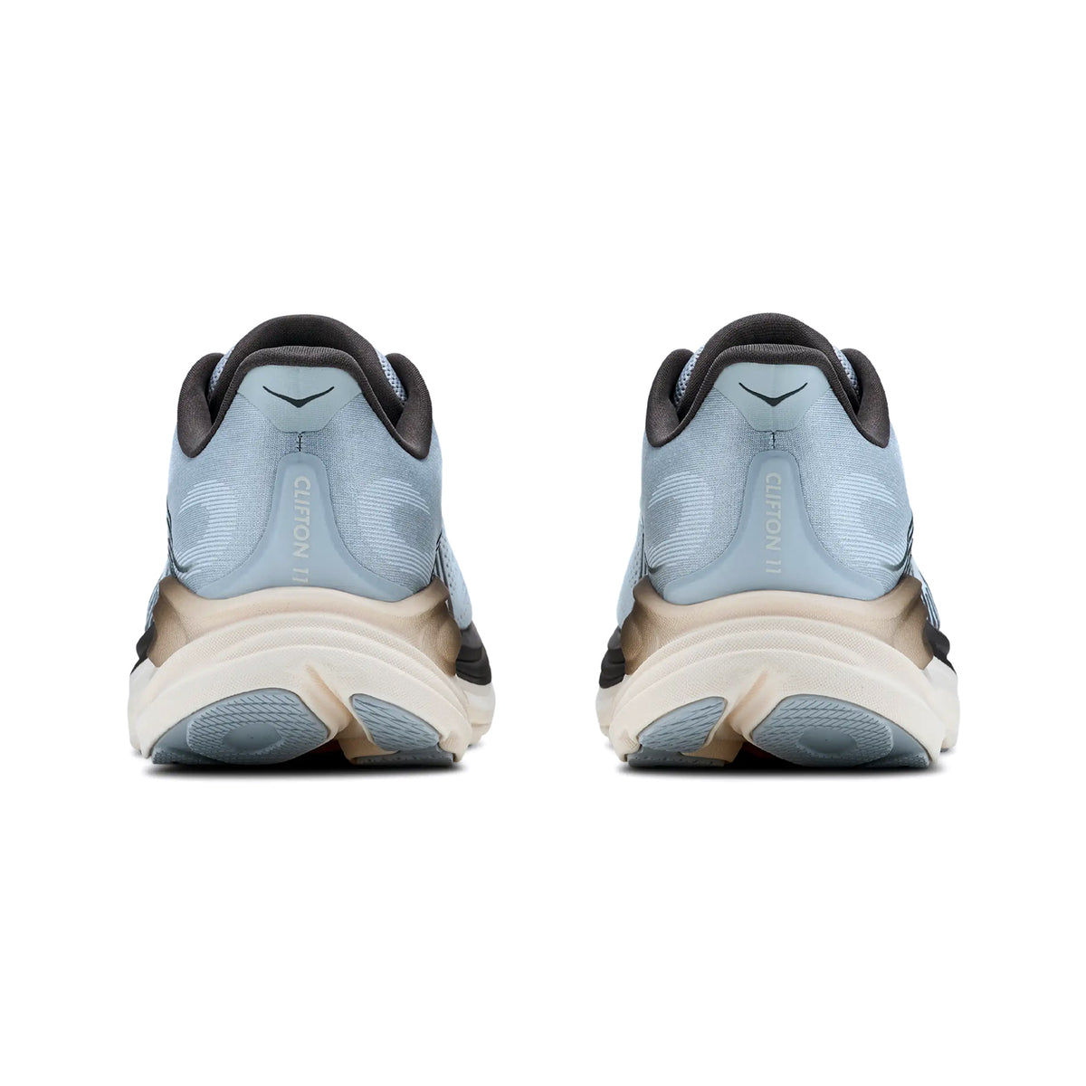 Men's HOKA Clifton 11 Running Shoes Stardust Alabaster heel view showing compression moulded EVA foam with Active Foot Frame for supportive plush landings during road running