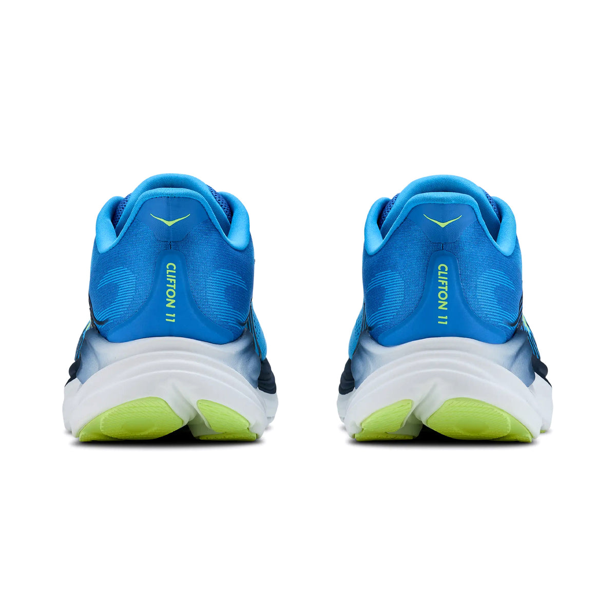 Men's HOKA Clifton 11 Running Shoes Virtual Blue Soft Cobalt heel view showing compression moulded EVA foam with Active Foot Frame for supportive plush landings during road running
