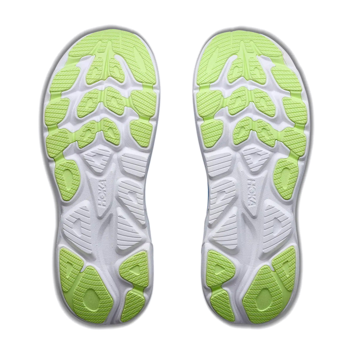Men's HOKA Clifton 11 Running Shoes Virtual Blue Soft Cobalt sole view displaying durable abrasion rubber outsole with MetaRocker geometry for smooth transitions during daily training
