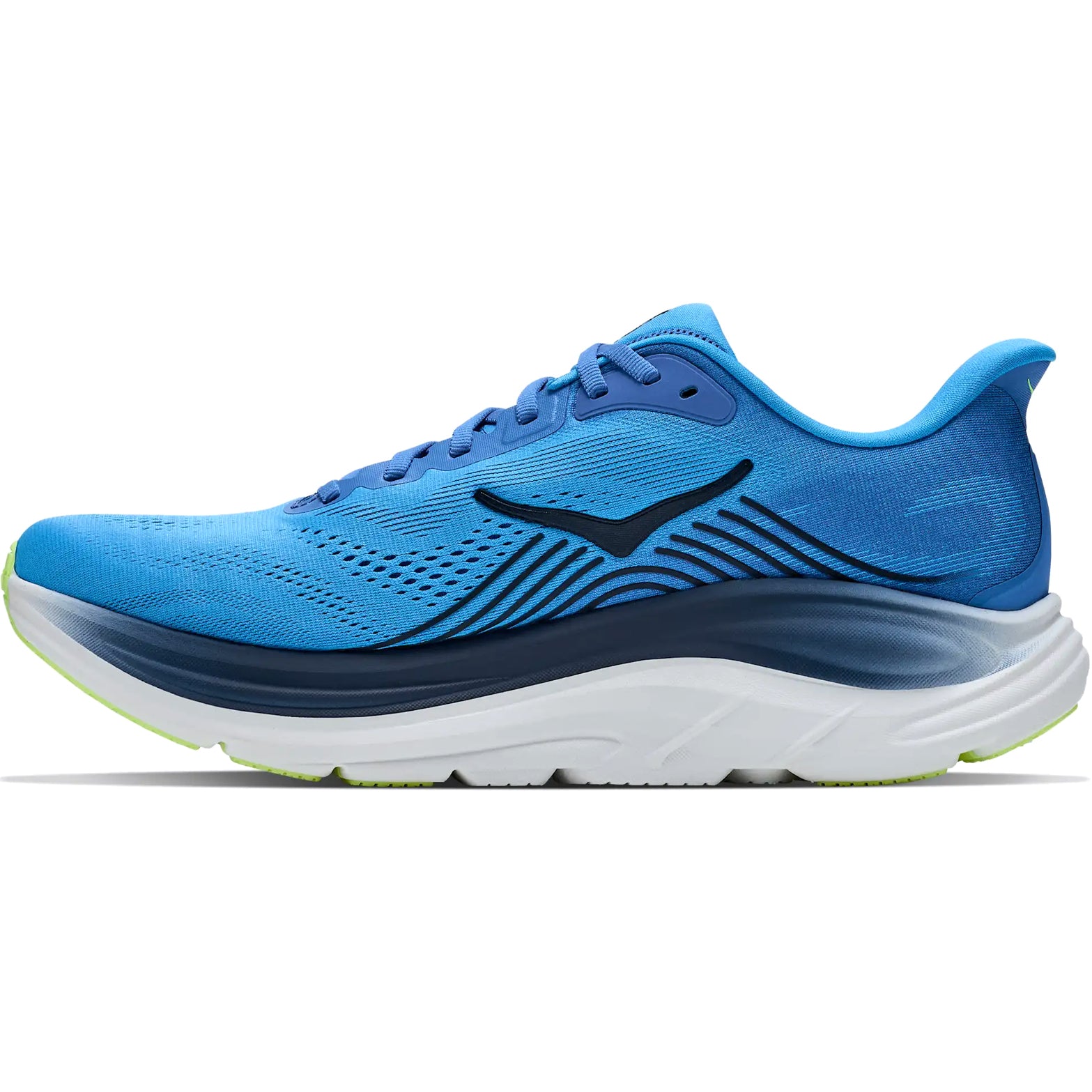 Men's HOKA Clifton 11 Running Shoes Virtual Blue Soft Cobalt inner side view showing Active Foot Frame rearfoot support with compression moulded EVA foam for comfortable daily training