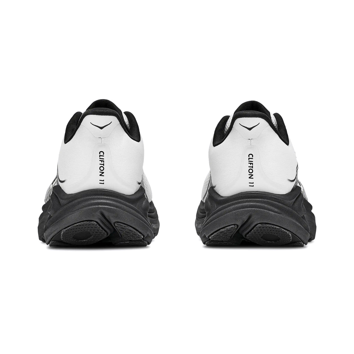 Men's HOKA Clifton 11 Running Shoes White Black heel view showing compression moulded EVA foam with Active Foot Frame for supportive plush landings during road running