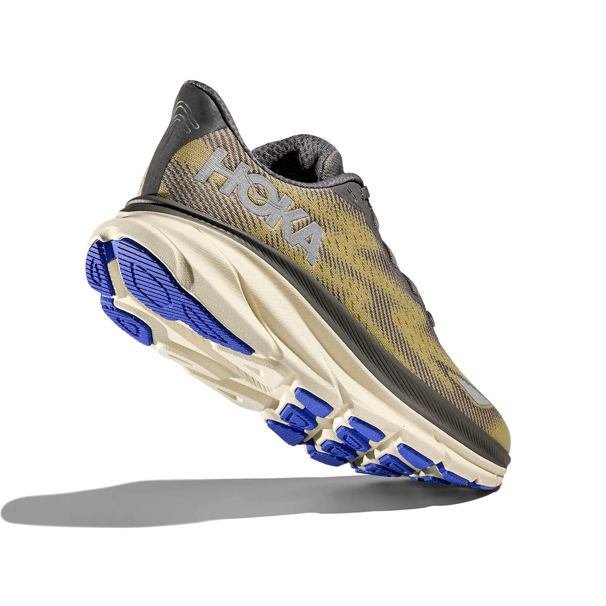 Men's HOKA Clifton 9 GORE-TEX Running Shoes Gravel Eggshell angled heel and side view showing GORE-TEX waterproof construction, Clifton cushioning and reflective elements