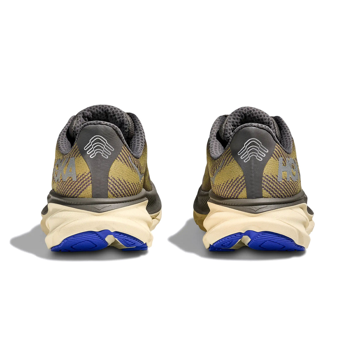 Men's HOKA Clifton 9 GORE-TEX Running Shoes Gravel Eggshell heel view showing GORE-TEX Invisible Fit and 360-degree reflective details