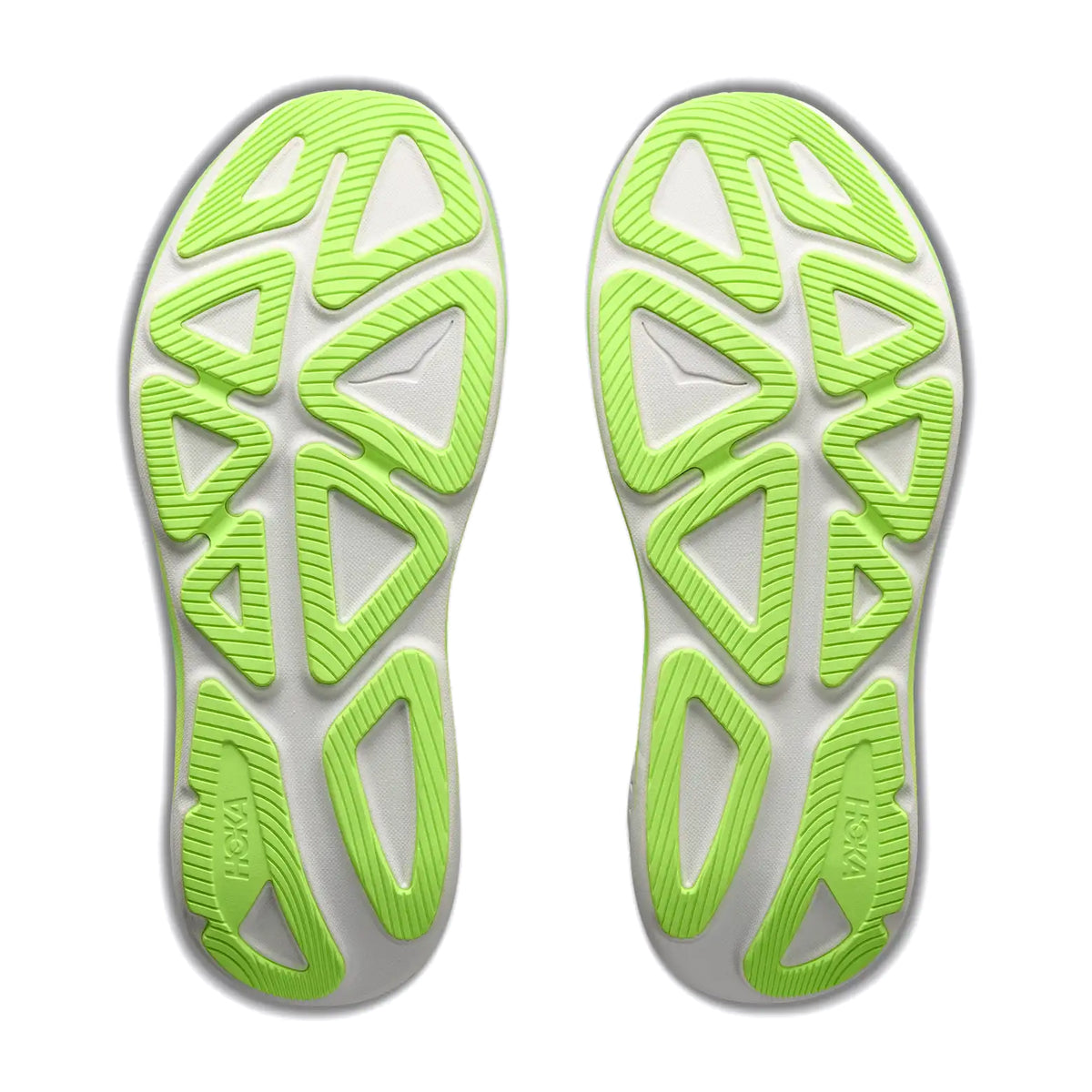 A pair of Hoka Men’s Clifton Pro Running Shoes in Carbon Black / Tart Apple, showcased from the bottom against a white background. The white soles feature vivid green geometric pattern grips and a cutting-edge SCF foam midsole, inspired by the PROGLIDE+ series, delivering performance at a level reminiscent of the HOKA Clifton Pro.