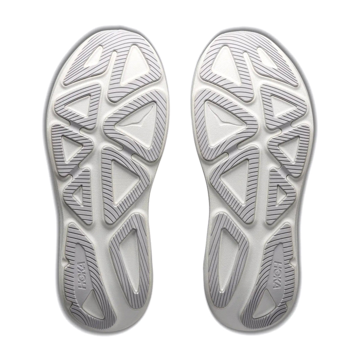 Men's HOKA Clifton Pro Running Shoes Varsity Navy Soft Cobalt sole view displaying podular outsole with durabrasion rubber forefoot and super abrasion rubber heel for enhanced durability