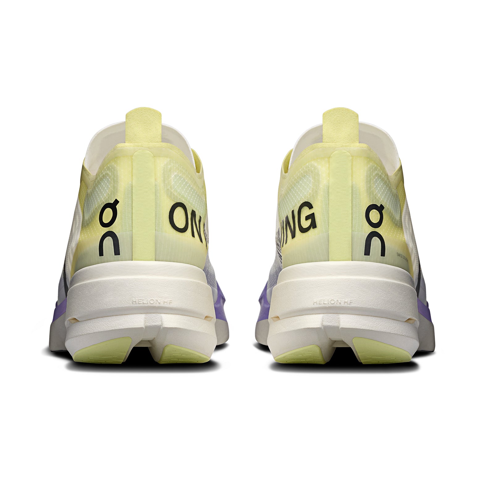 A pair of On Men’s Cloudboom Strike running shoes in Juniper / Limelight is viewed from the back, displaying the brand name “ON” and its logo printed on each heel. The shoes feature a light purple accent on the soles and are designed with ultra-responsive cushioning to deliver optimal comfort during every stride.