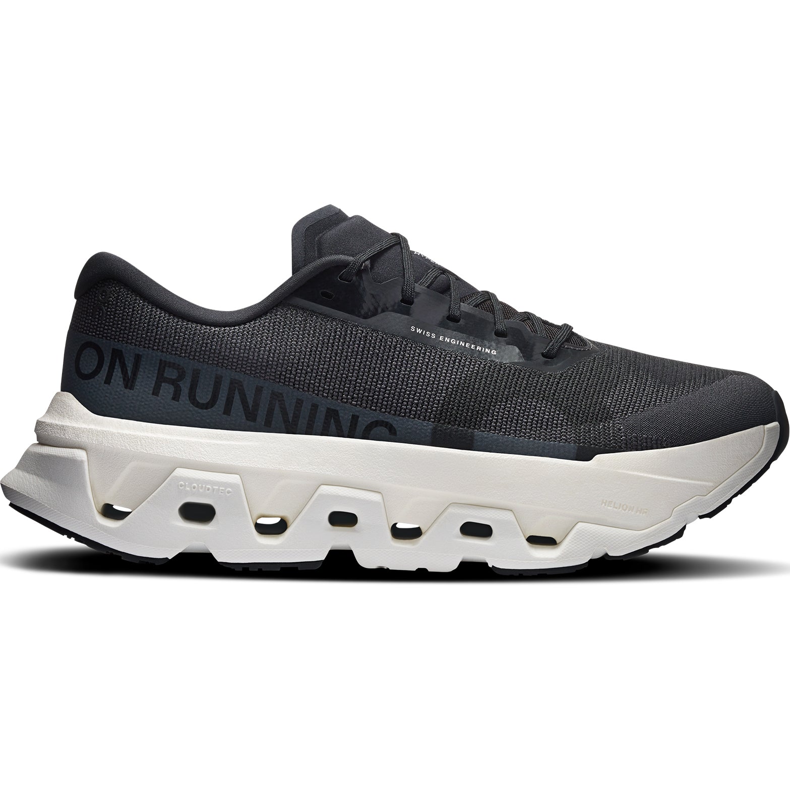 Men's On Cloudmonster 3 Hyper Running Shoes Black Ivory outer side view showing dual-layer CloudTec cushioning with Helion HF hyper foam and enhanced rocker shape