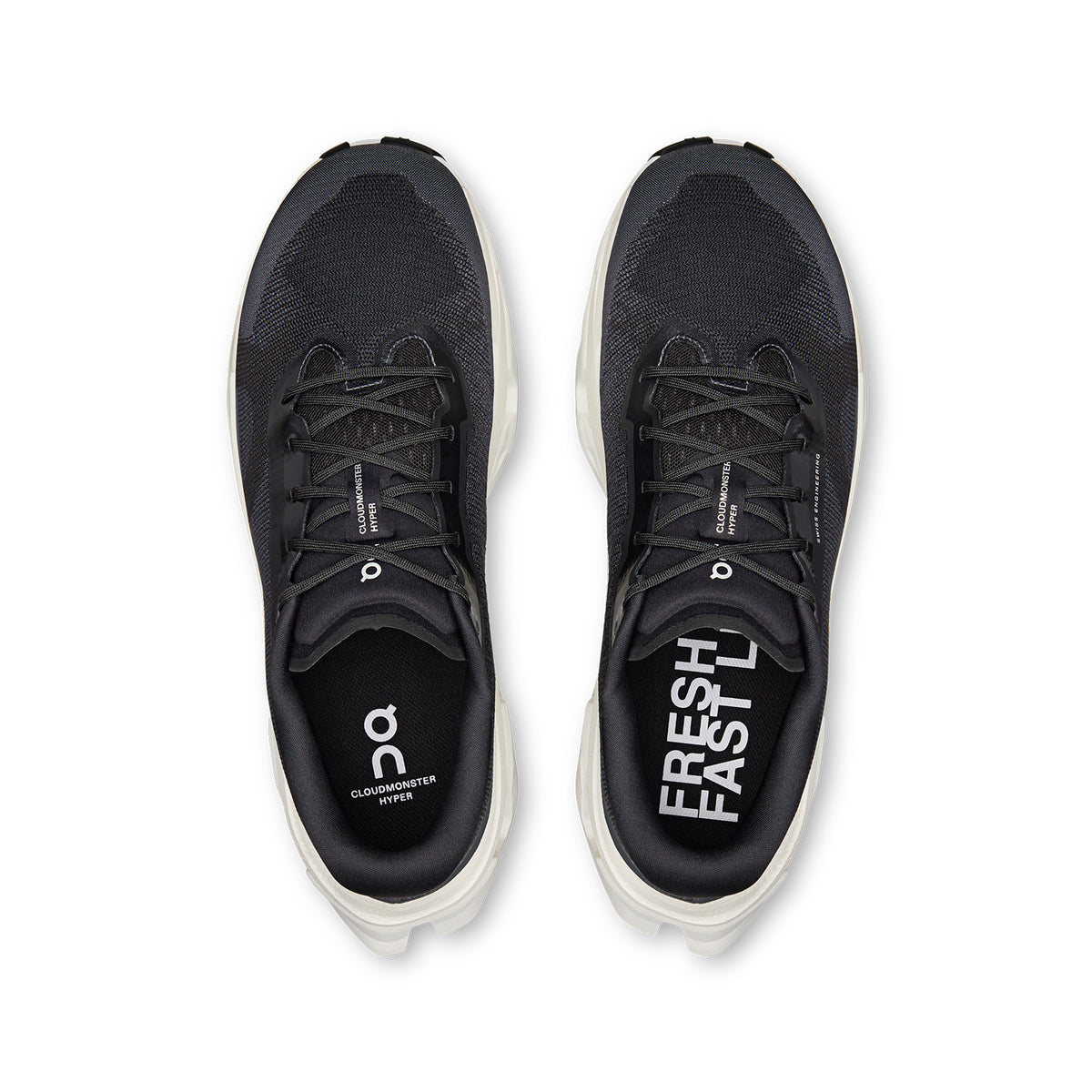 Men's On Cloudmonster 3 Hyper Running Shoes Black Ivory top view showing engineered mesh upper with breathability and soft internal lining
