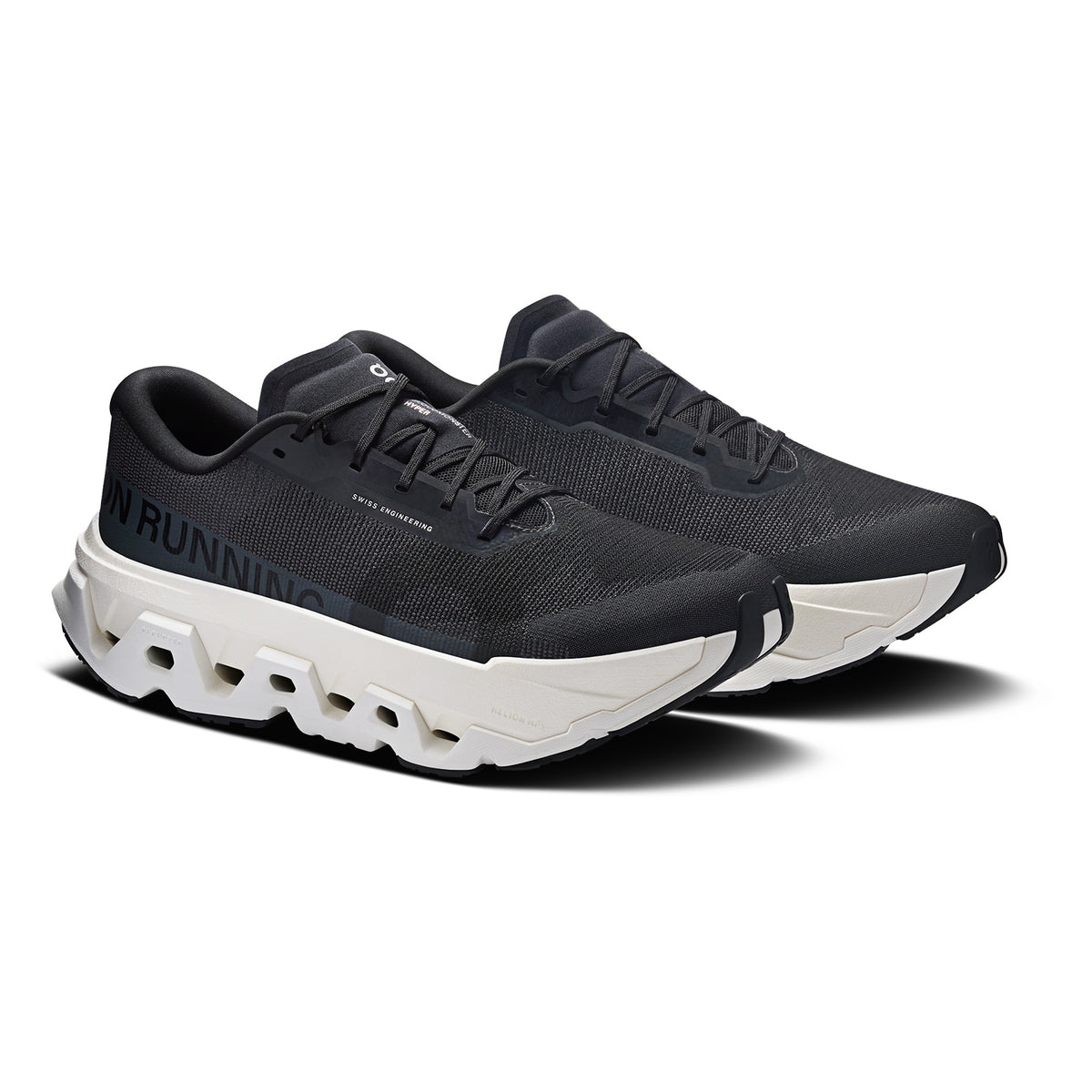 Men's On Cloudmonster 3 Hyper Running Shoes Black Ivory angled side view showing dual-layer CloudTec cushioning, enhanced rocker geometry and plateless design