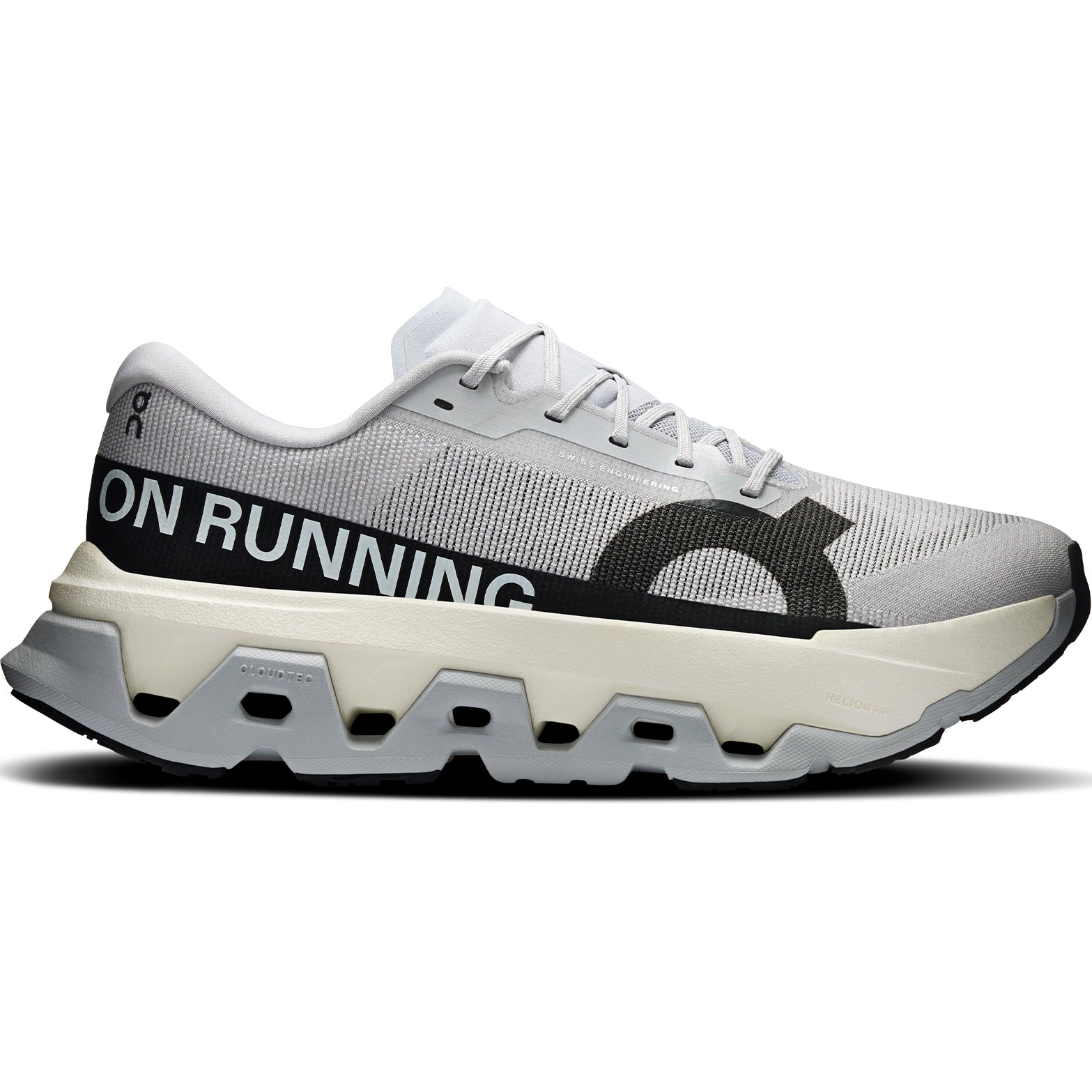 Men's On Cloudmonster 3 Hyper Running Shoes Glacier Black outer side view showing dual-layer CloudTec cushioning with Helion HF hyper foam and enhanced rocker shape