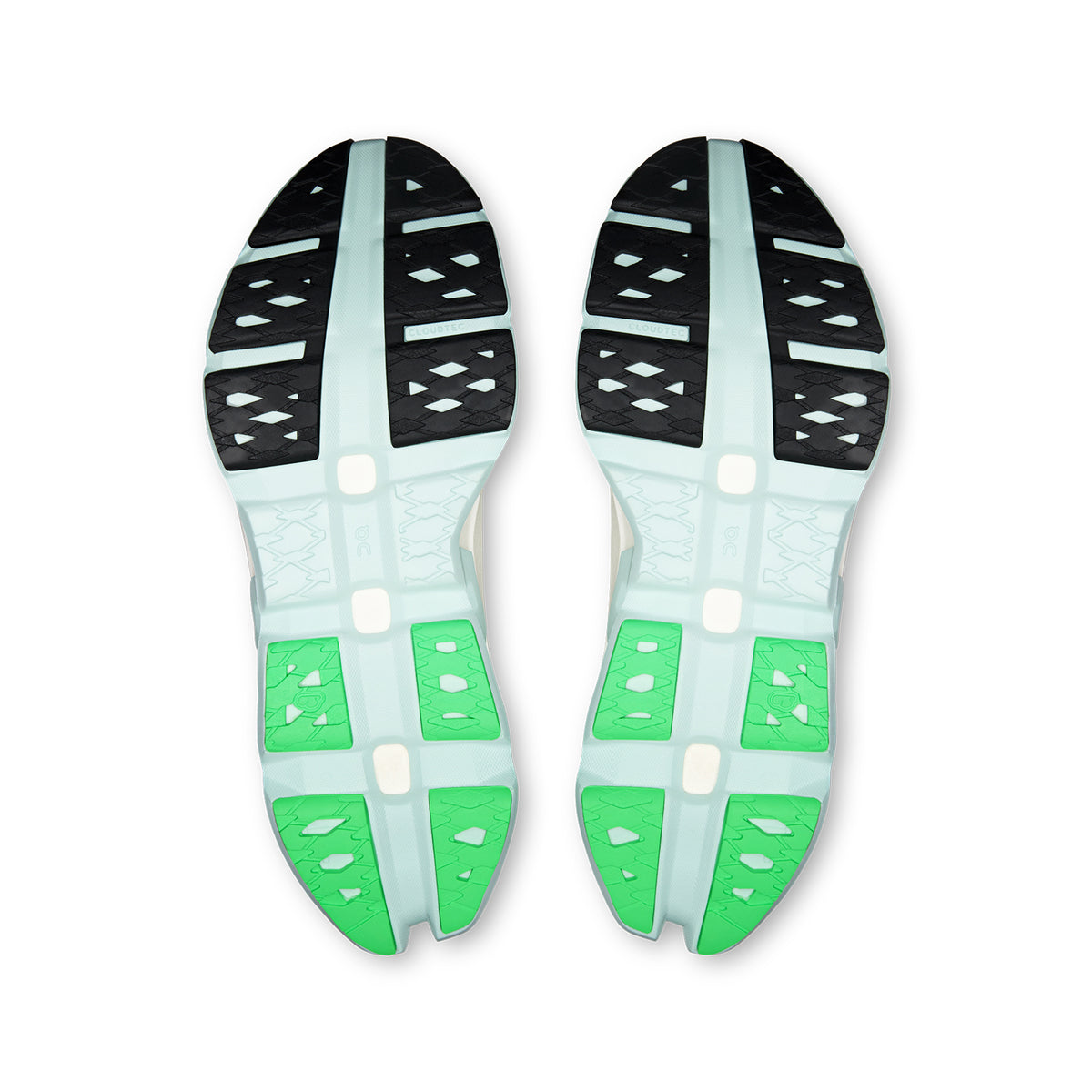 Men's On Cloudmonster 3 Hyper Running Shoes Ivory Flurry sole view displaying grippy rubber compound outsole with enhanced rocker shape for traction across varied surfaces during long runs