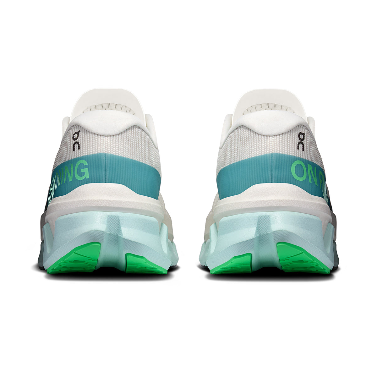 Men's On Cloudmonster 3 Hyper Running Shoes Ivory Flurry heel view showing re-engineered heel construction with dual-layer Helion foam for locked-in fit during multi-hour efforts
