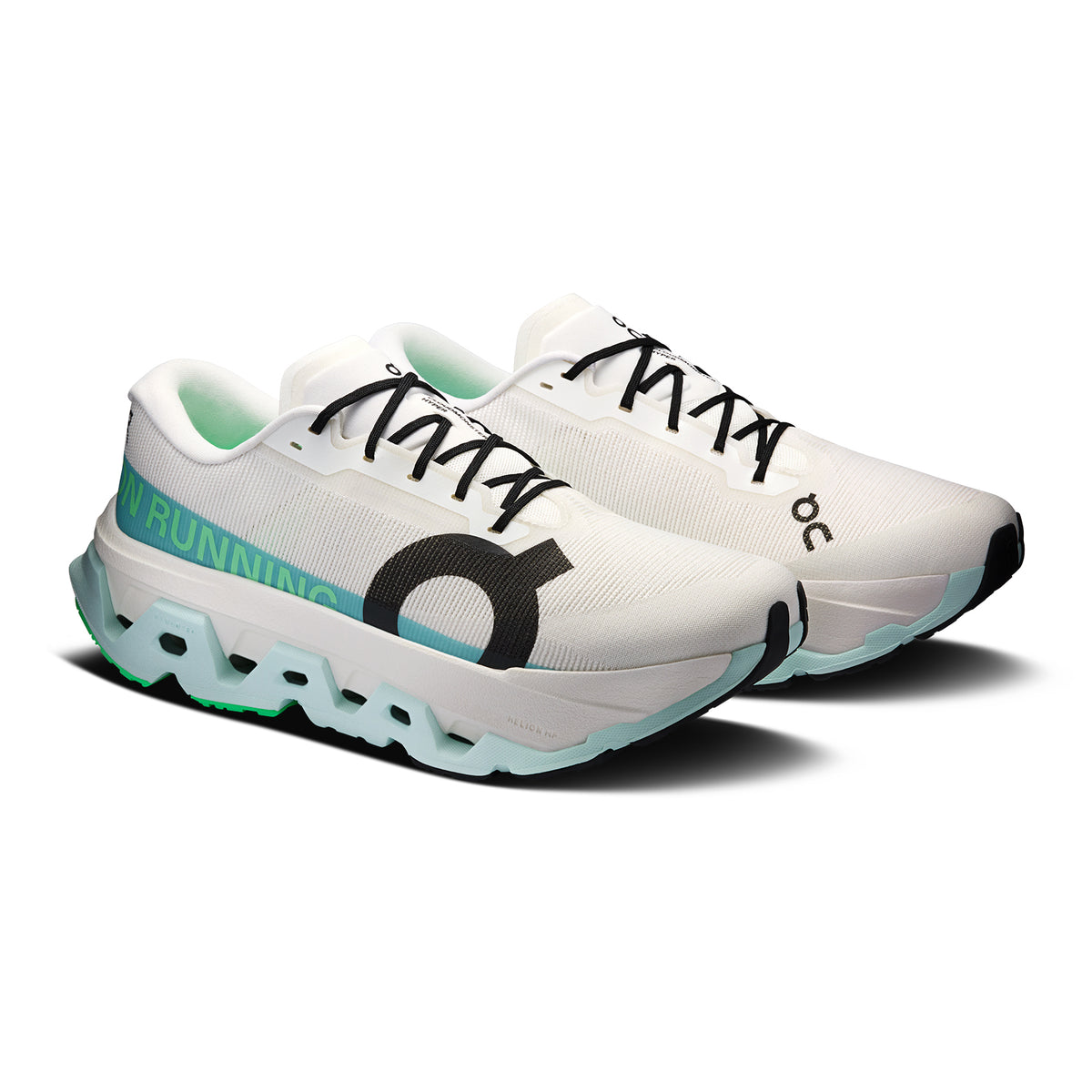 Men's On Cloudmonster 3 Hyper Running Shoes Ivory Flurry angled side view of pair showing dual-layer Helion foam construction with grippy rubber outsole for high-mileage super trainer performance
