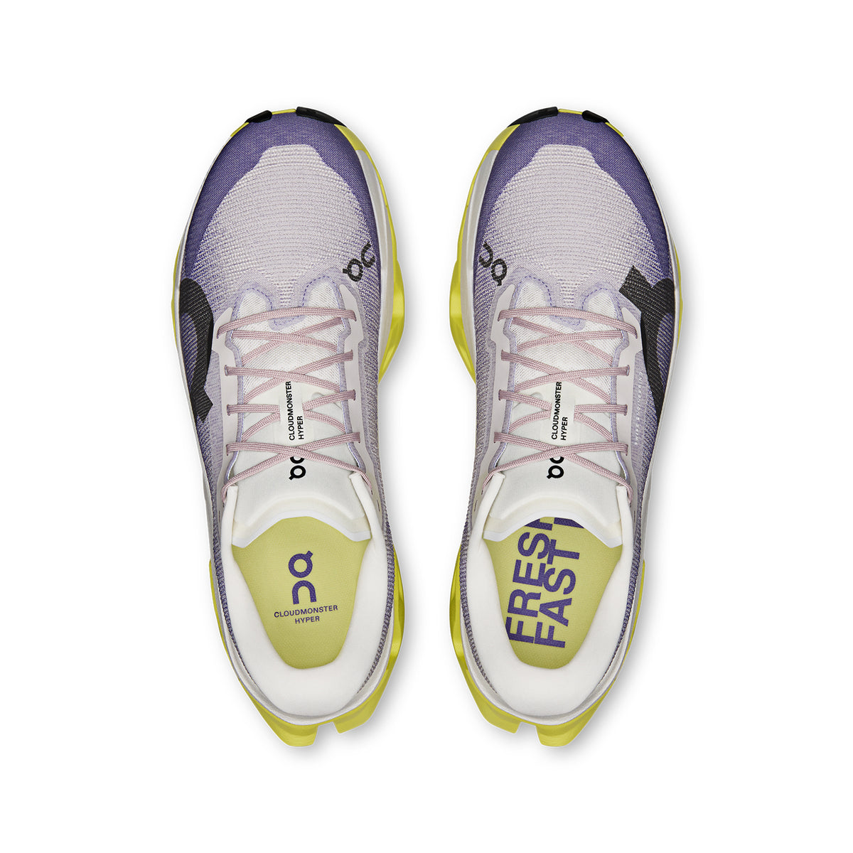 Men's On Cloudmonster 3 Hyper Running Shoes Lily Limelight top view showing engineered mesh upper with breathability and soft internal lining