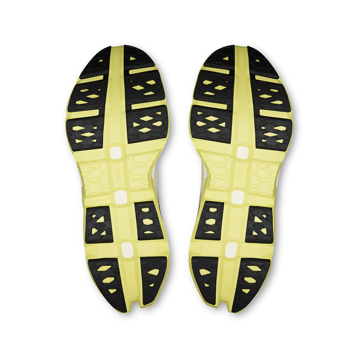 Men's On Cloudmonster 3 Hyper Running Shoes Lily Limelight sole view displaying grippy rubber compound outsole and dual-layer CloudTec cushioning pods