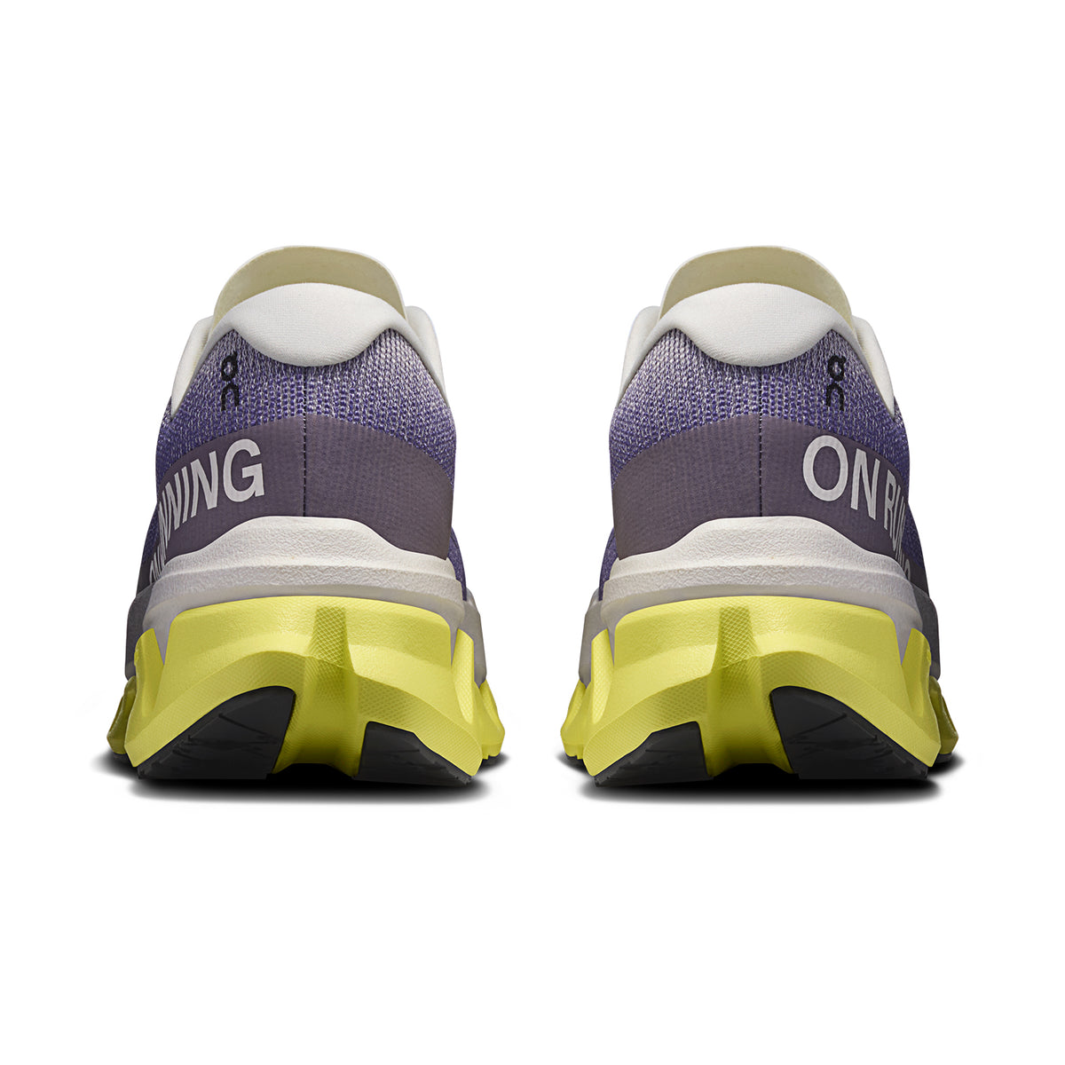 Men's On Cloudmonster 3 Hyper Running Shoes Lily Limelight heel view showing re-engineered heel construction and dual-layer Helion foam stack