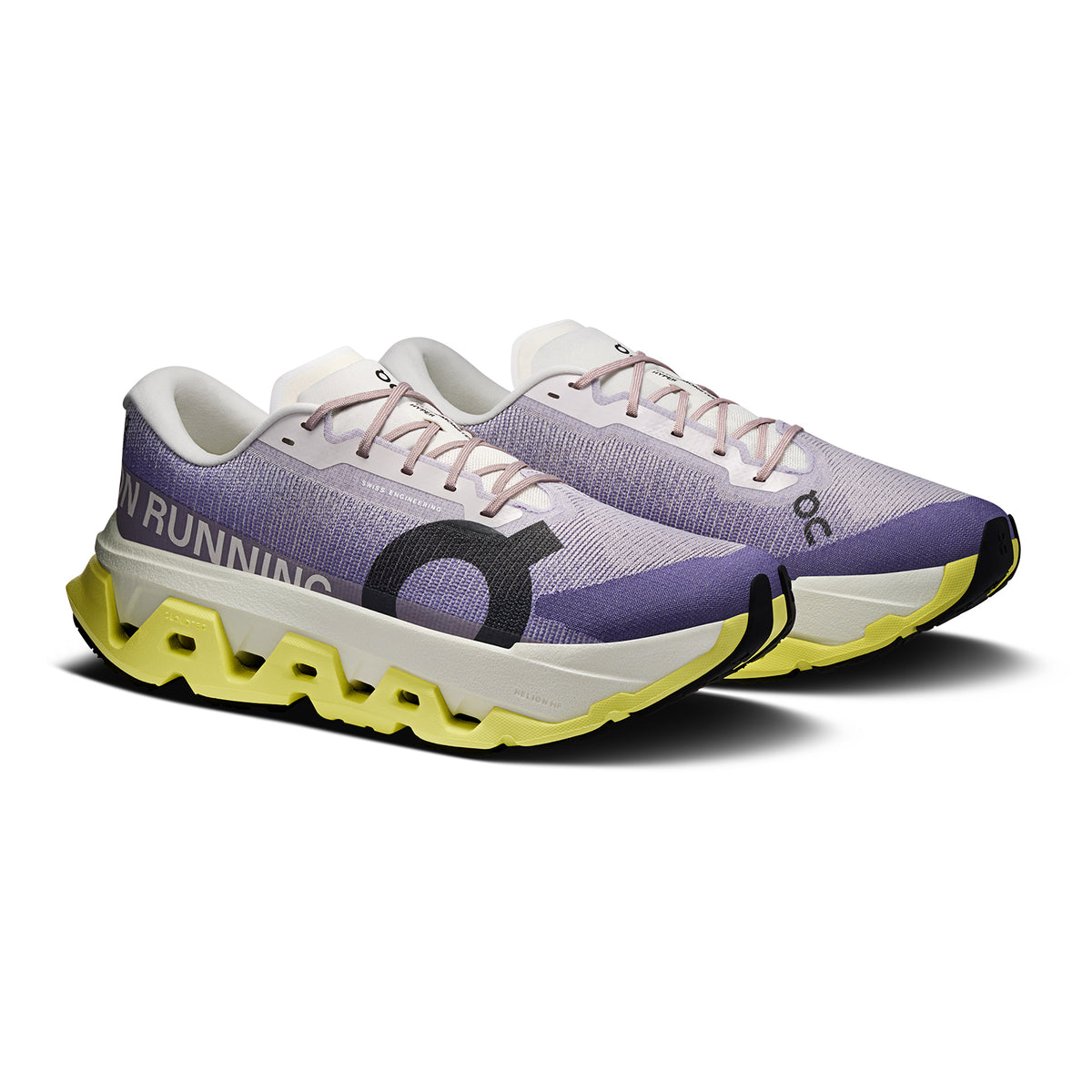 Men's On Cloudmonster 3 Hyper Running Shoes Lily Limelight angled side view showing dual-layer CloudTec cushioning, enhanced rocker geometry and plateless design