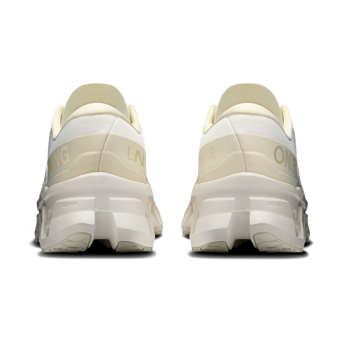 Men's On Cloudmonster 3 LN1 Running Shoes Ivory Ray heel view showing maximum triple-layer CloudTec cushioning stack with carbon-infused Speedboard and enhanced rocker shape