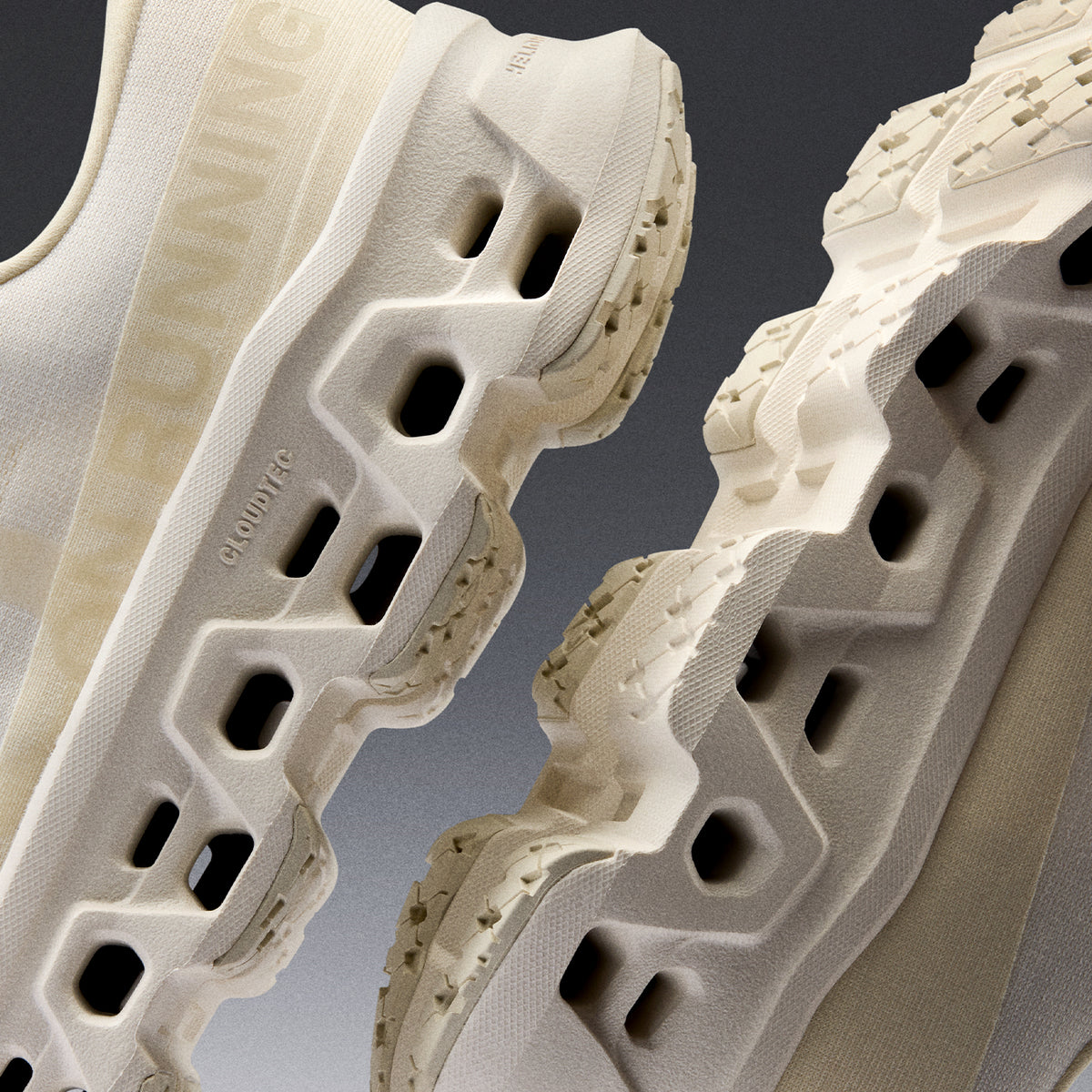 Men's On Cloudmonster 3 LN1 Running Shoes Ivory Ray sole view of pair showing triple-layer CloudTec cushioning system with compressed rubber outsole and enhanced rocker shape for optimised traction and propulsive daily running
